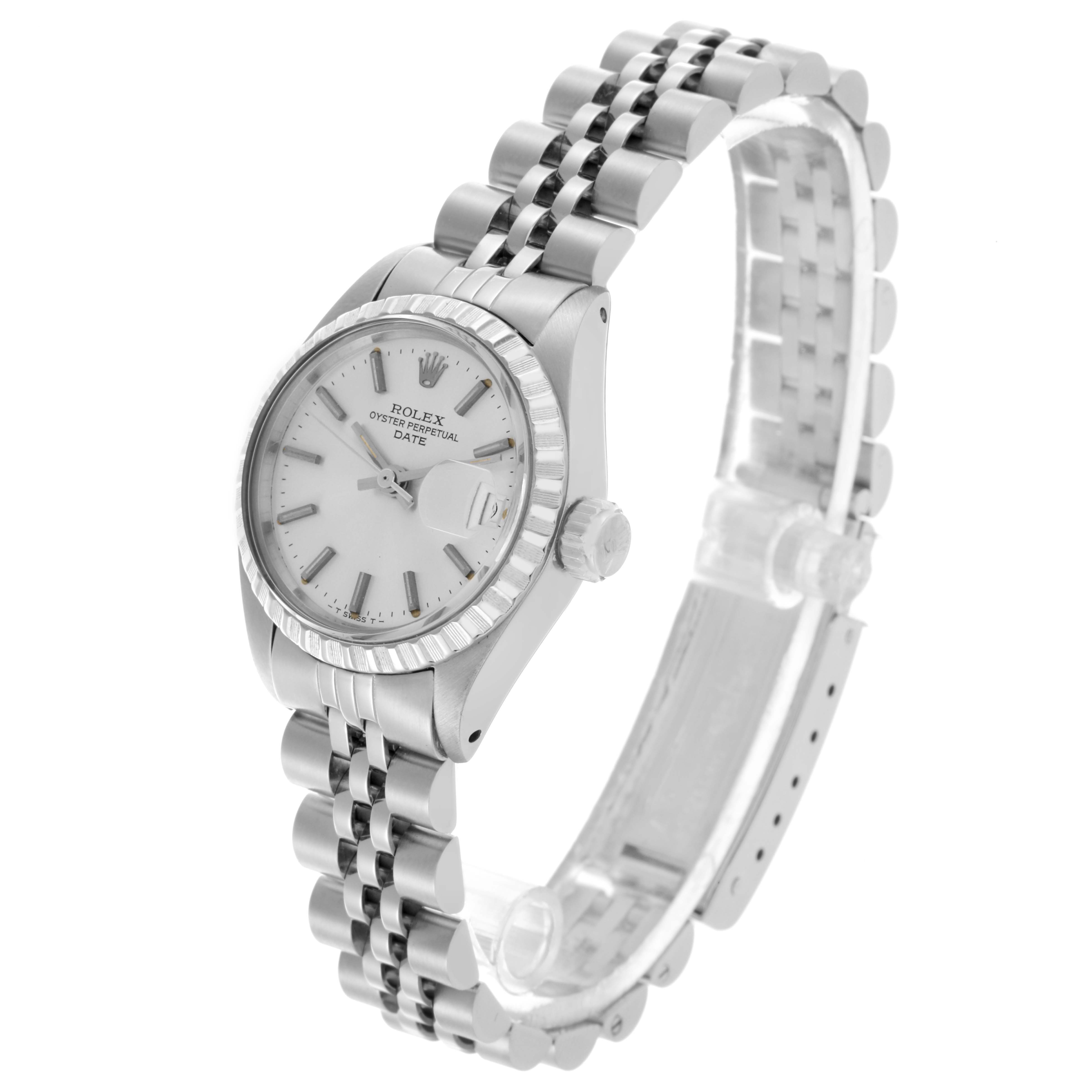 The Rolex Date 6924 Women's Stainless Steel Silver Dial 6924 Women's Stainless Steel Silver Dial model is shown at a slight angle, displaying the face, bezel, crown, and part of the bracelet.