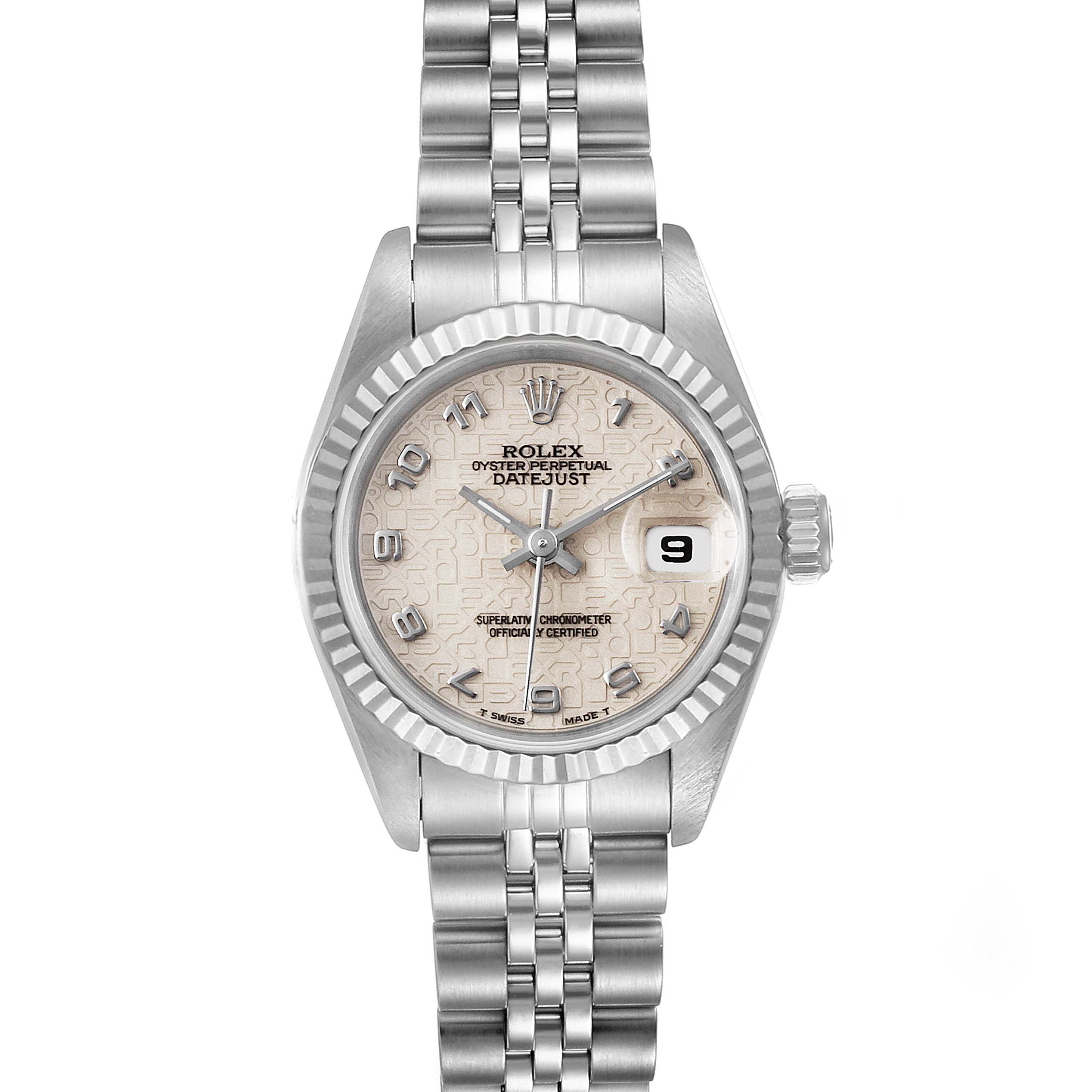 The image shows a front view of a Rolex Datejust 69174 Women
s Stainless Steel Silver Dial 69174 Women
s Stainless Steel Silver Dial watch, displaying the face, bezel, crown, and bracelet.
