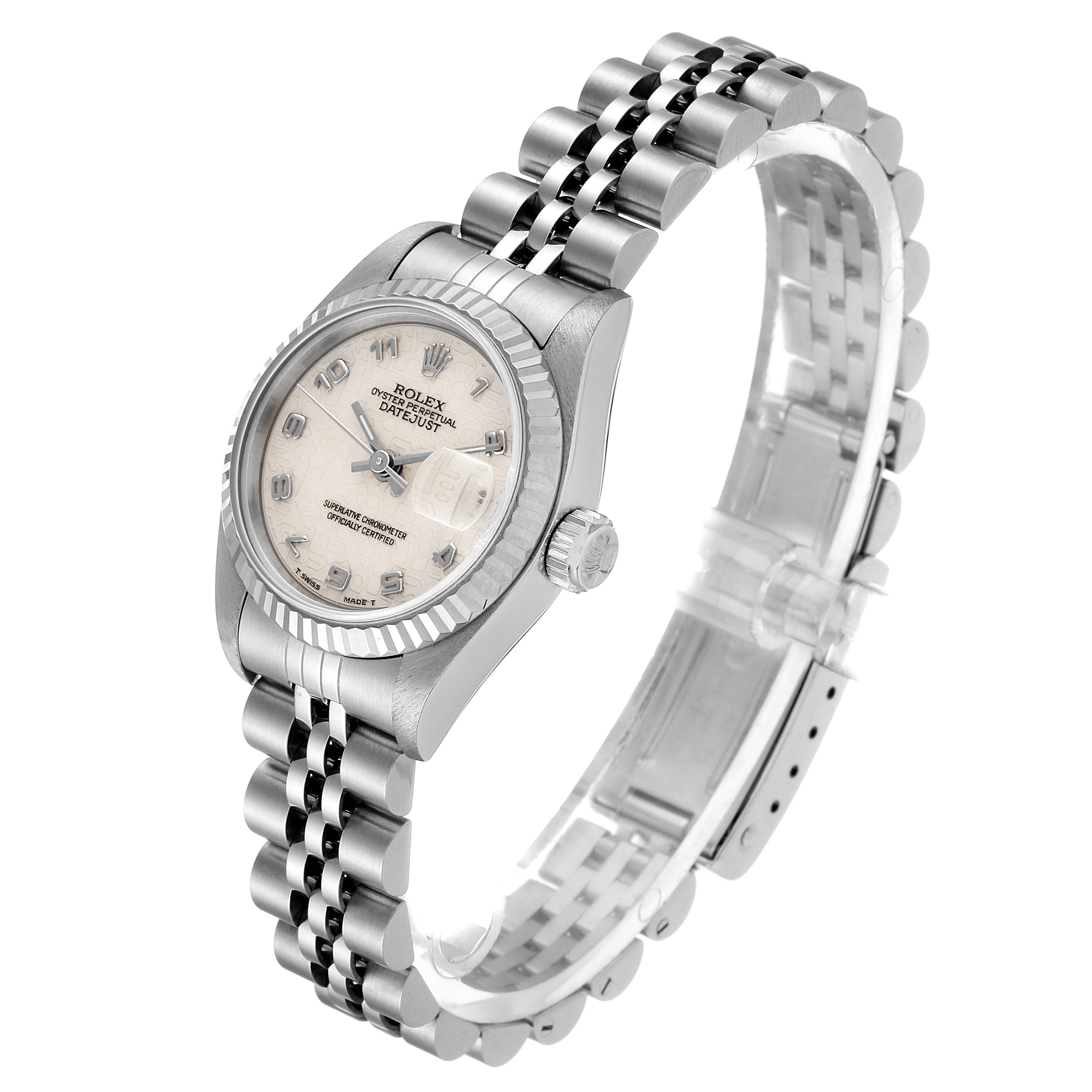The image shows a Rolex Datejust 69174 Women
s Stainless Steel Silver Dial 69174 Women
s Stainless Steel Silver Dial watch with a silver dial and a Jubilee bracelet at a three-quarter angle.