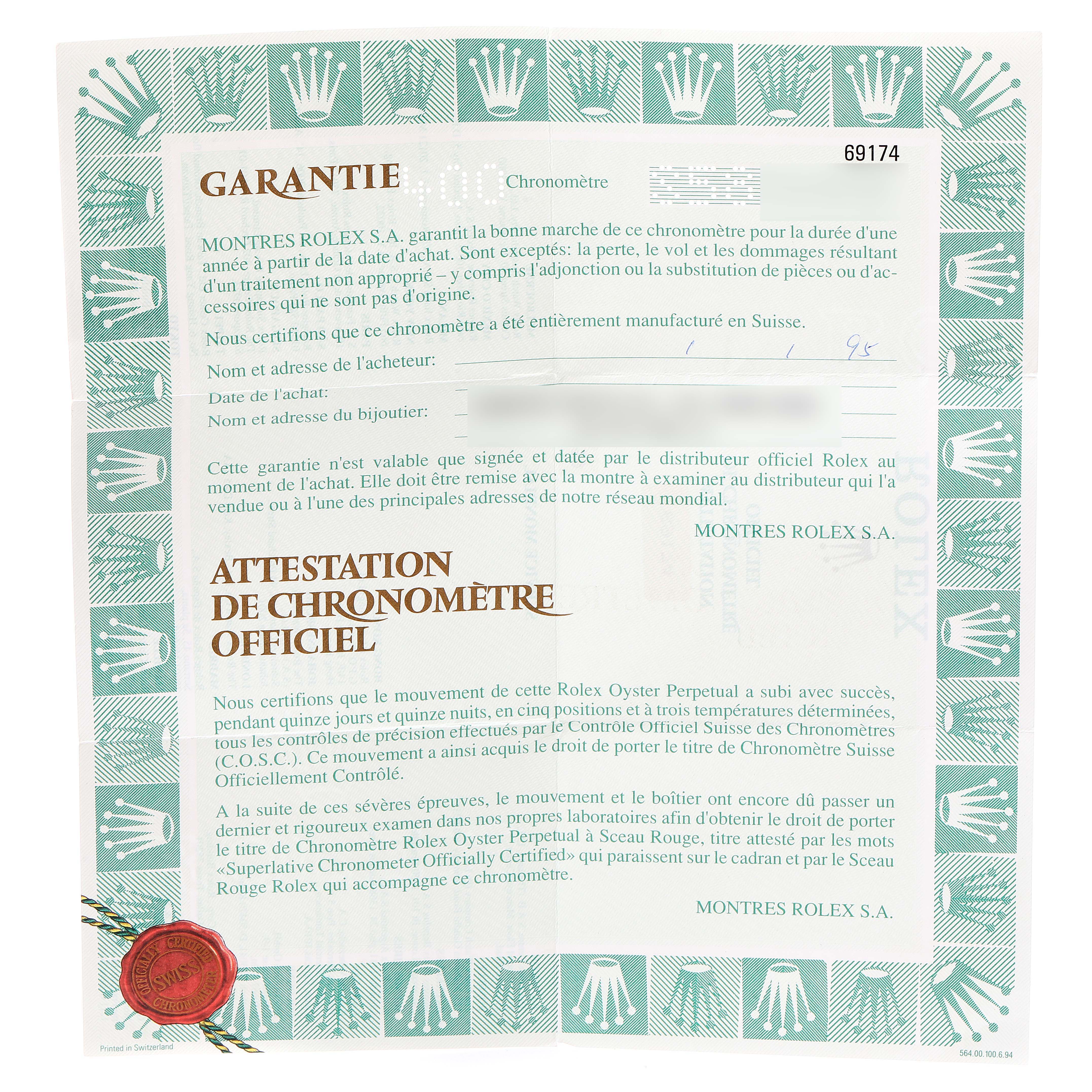 This image shows the warranty certificate for the Datejust model by Rolex.