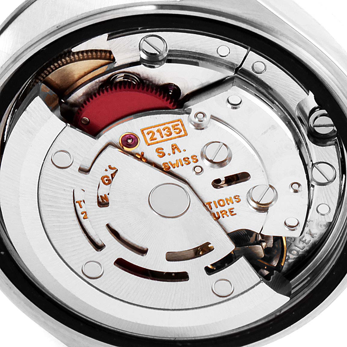 The image shows the internal movement components of a Rolex Datejust 69174 Women
s Stainless Steel Silver Dial 69174 Women
s Stainless Steel Silver Dial watch from a top-down perspective.