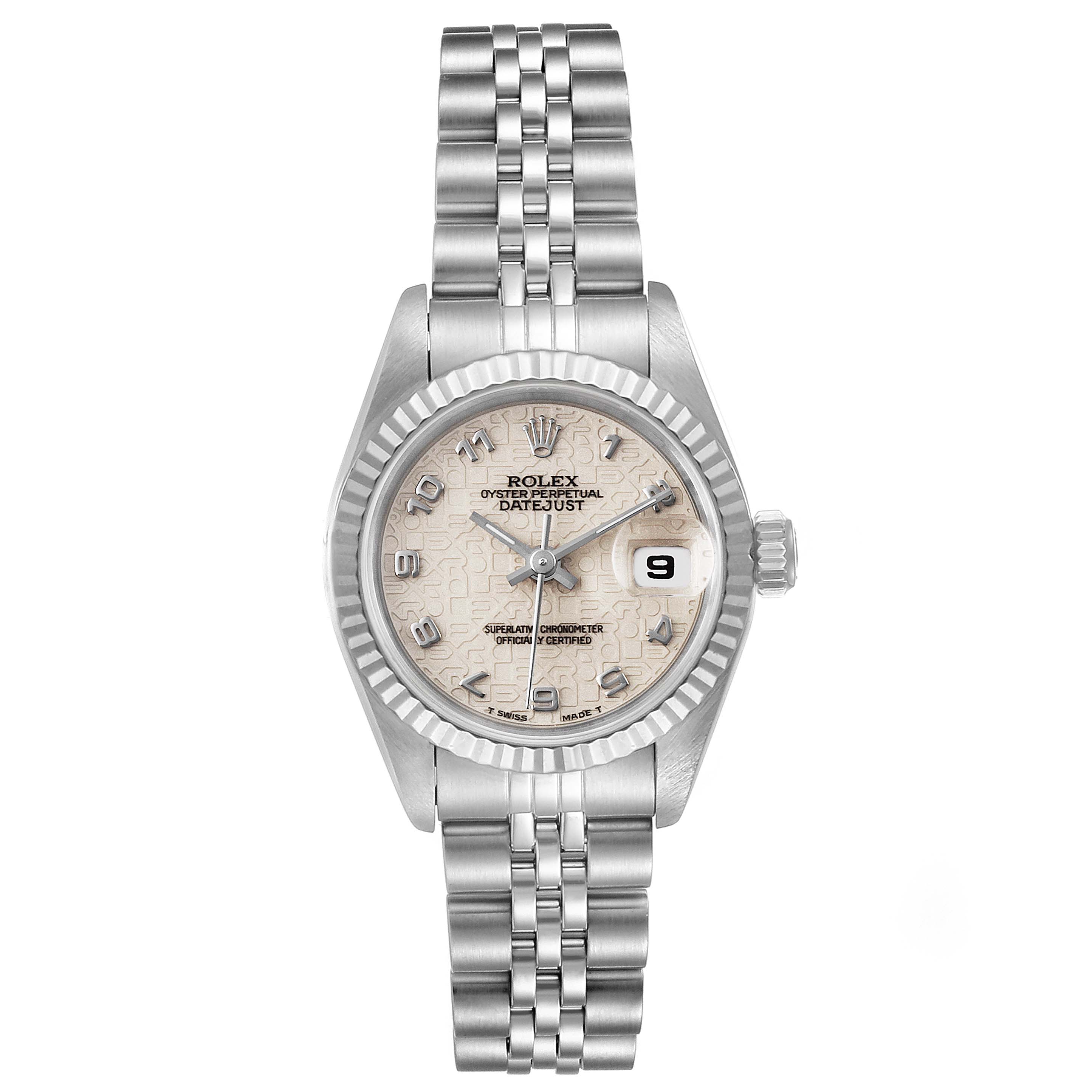 The image shows a front view of the Rolex Datejust 69174 Women
s Stainless Steel Silver Dial 69174 Women
s Stainless Steel Silver Dial watch, displaying the dial, bezel, crown, and full bracelet.