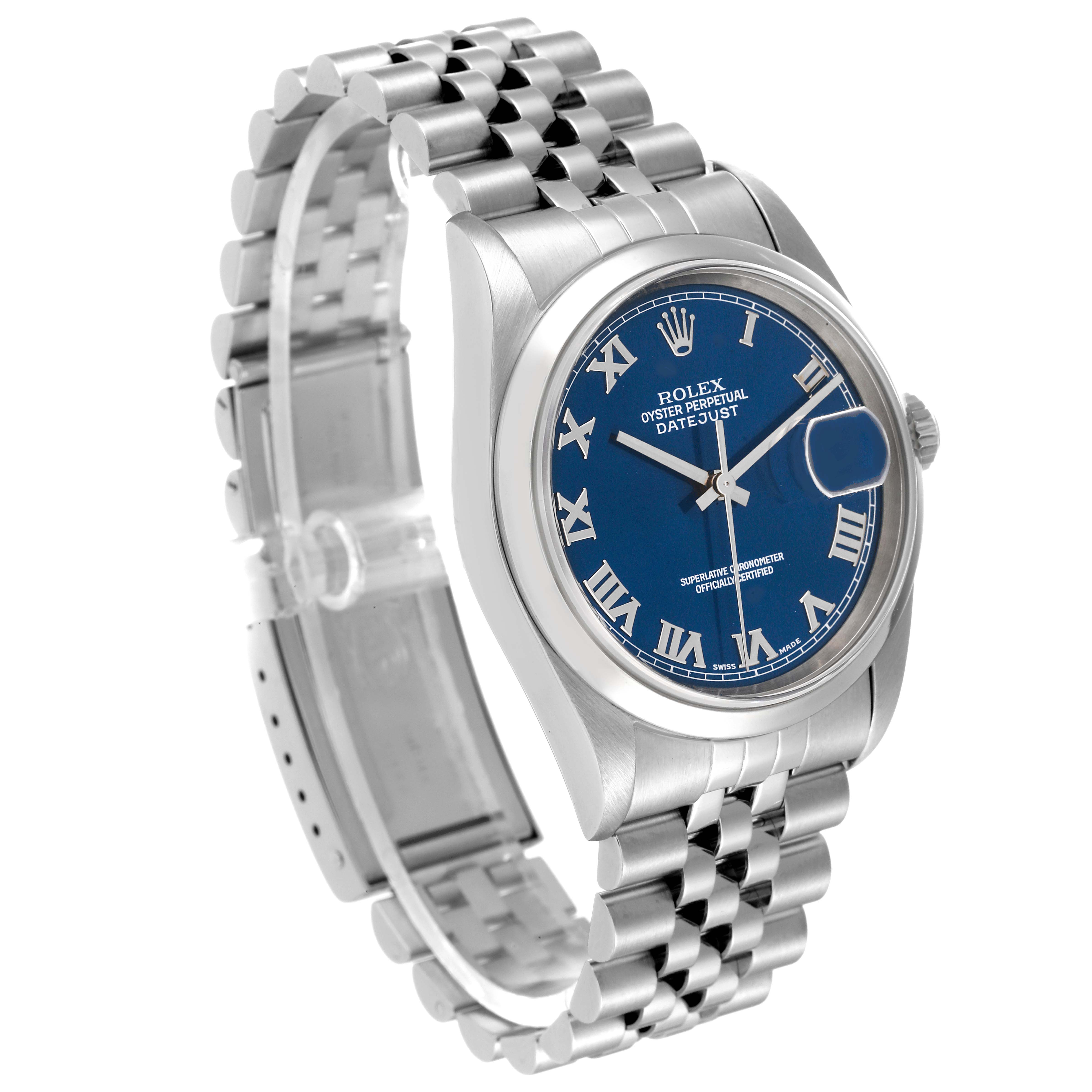 The Rolex Datejust 16200 Men's Stainless Steel Blue Dial 16200 Men's Stainless Steel Blue Dial watch is shown at a slight angle, displaying the face, bezel, crown, and bracelet.