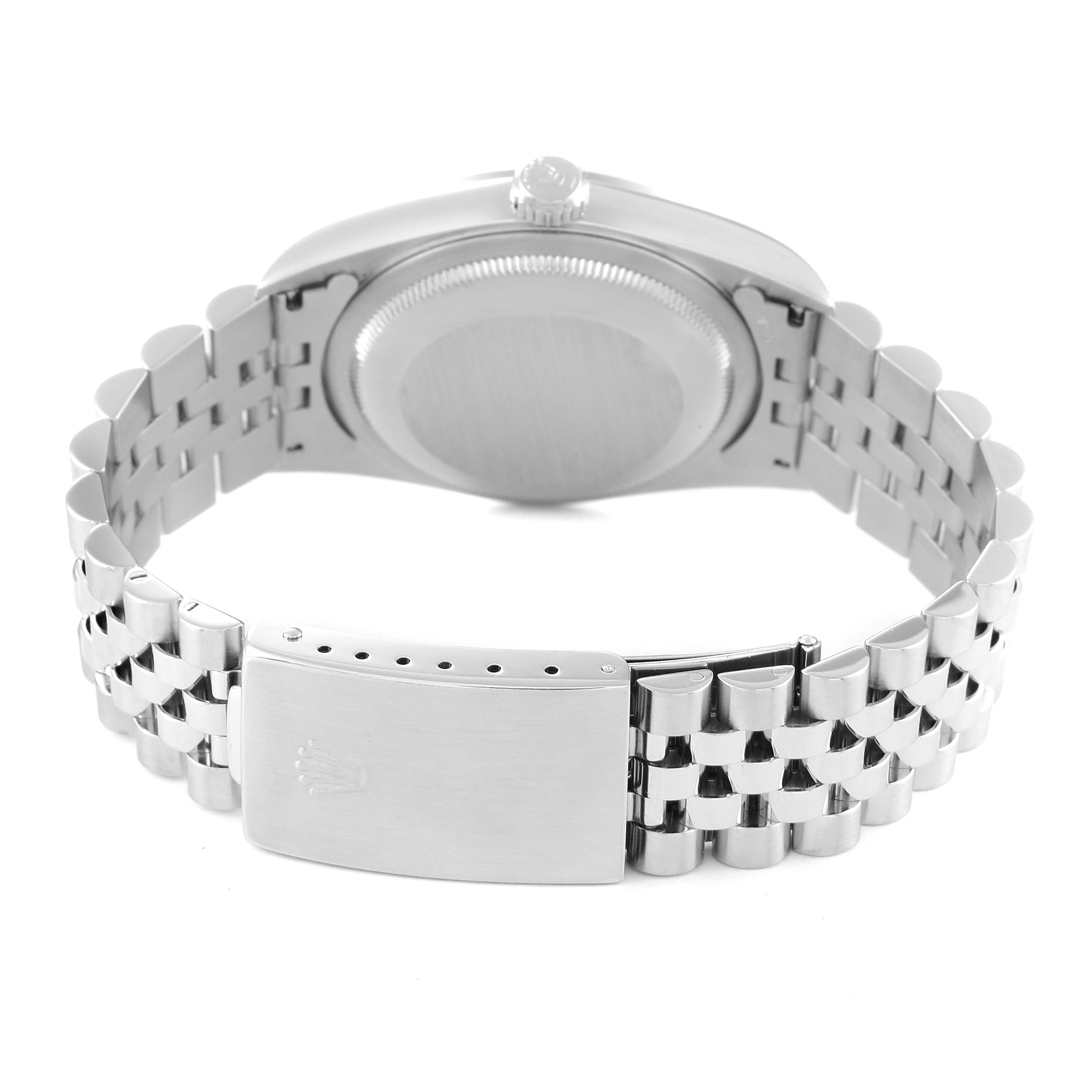 This image shows the back view of a Rolex Datejust 16200 Men's Stainless Steel Blue Dial 16200 Men's Stainless Steel Blue Dial watch, highlighting its case, crown, and Jubilee bracelet with clasp.