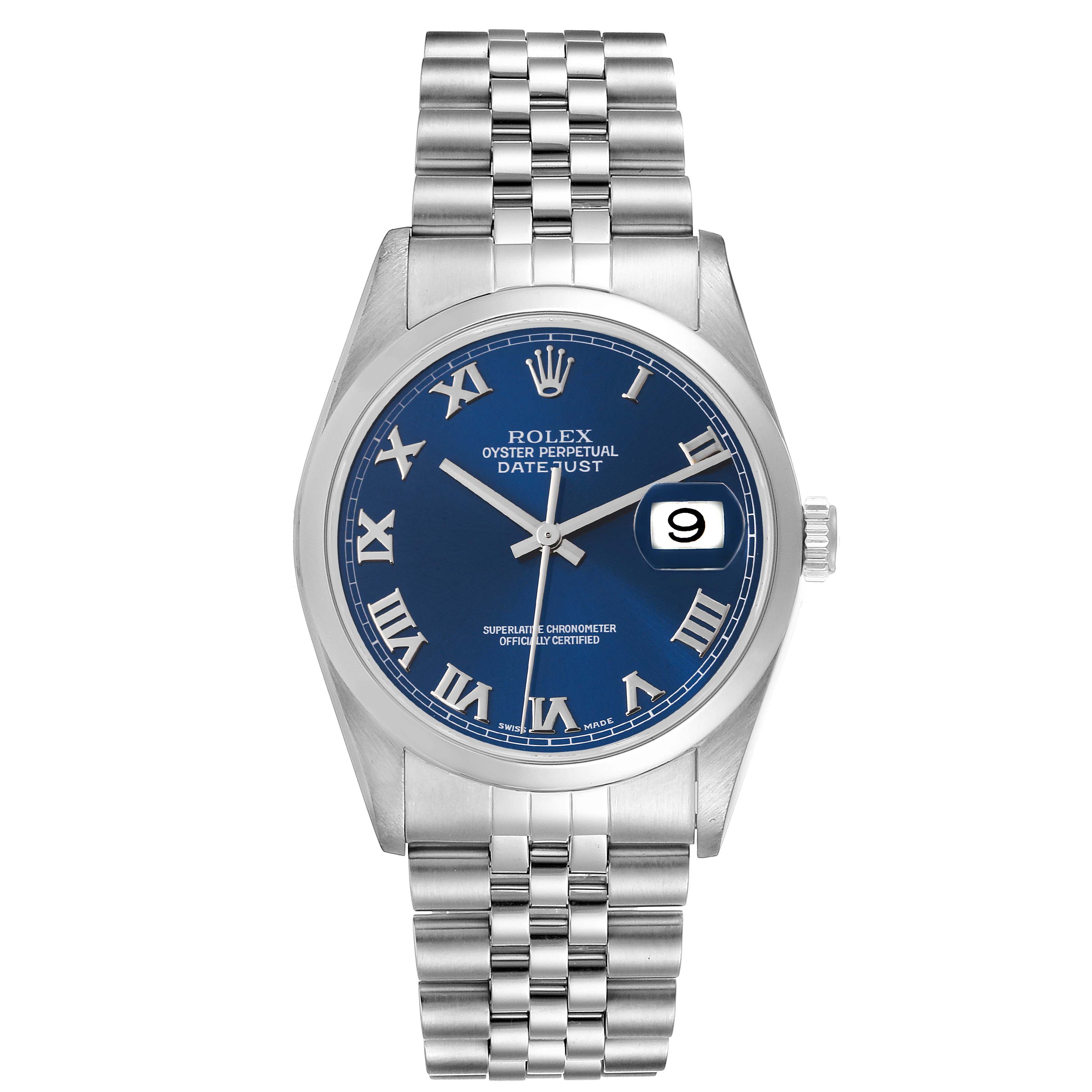 The image shows a front view of the Rolex Datejust 16200 Men's Stainless Steel Blue Dial 16200 Men's Stainless Steel Blue Dial watch displaying the face, hands, date window, and bracelet.