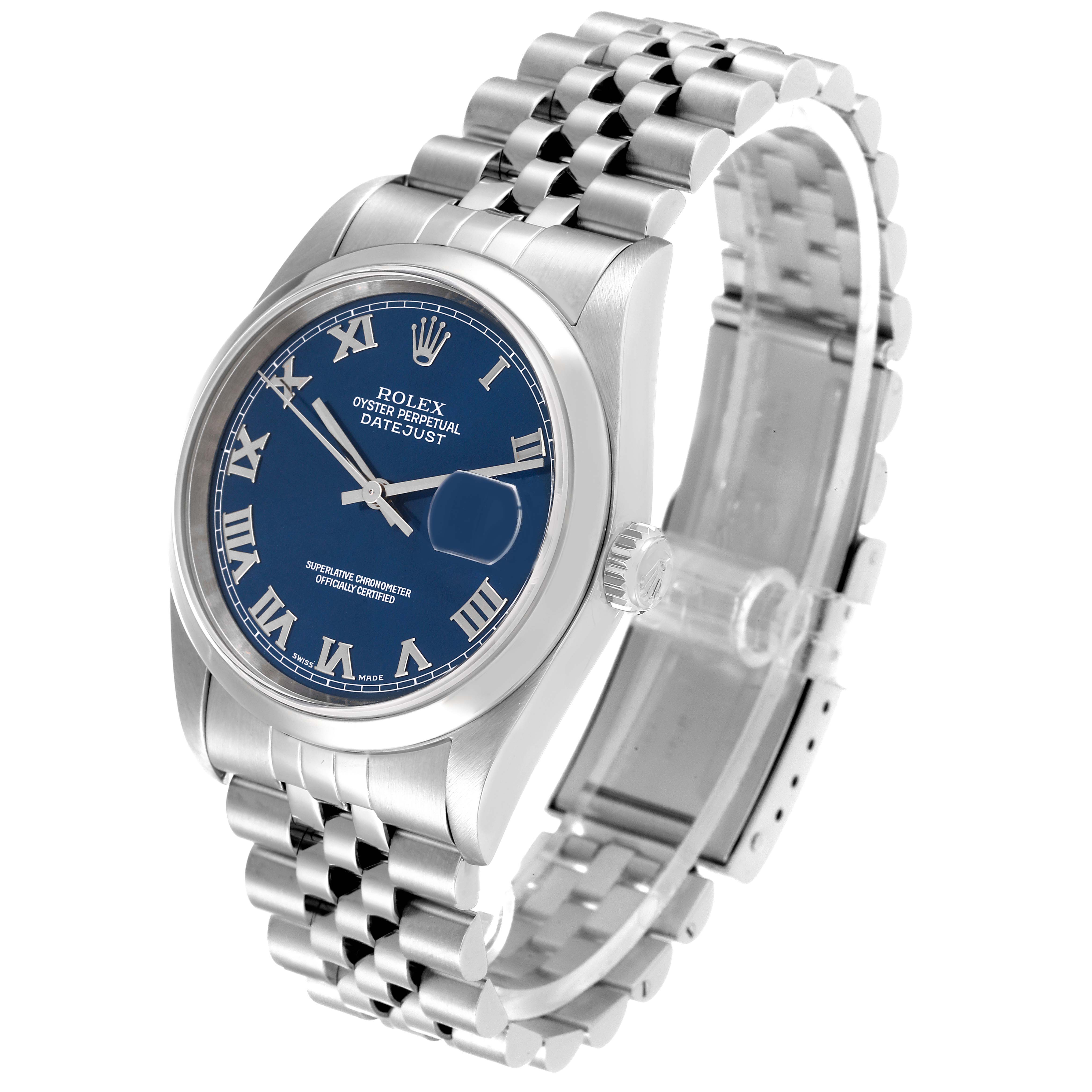 The image shows a Rolex Datejust 16200 Men's Stainless Steel Blue Dial 16200 Men's Stainless Steel Blue Dial watch angled to display the face, bezel, and part of the bracelet.