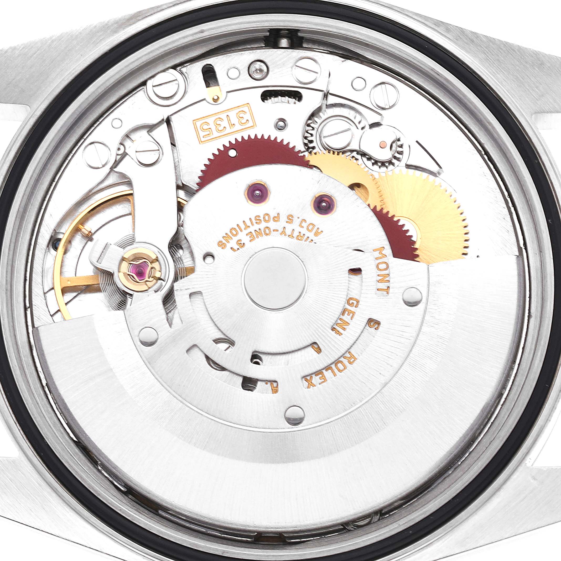 The image shows the internal mechanical movement of a Rolex Datejust 16200 Men's Stainless Steel Blue Dial 16200 Men's Stainless Steel Blue Dial watch from a back angle.