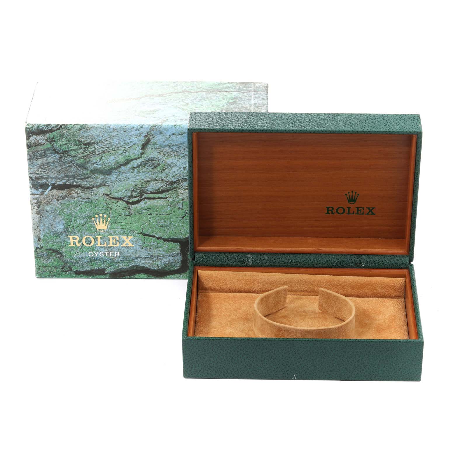 The image shows an open Rolex Datejust 16200 Men's Stainless Steel Blue Dial 16200 Men's Stainless Steel Blue Dial watch box, highlighting the interior cushion and the exterior box with branding.