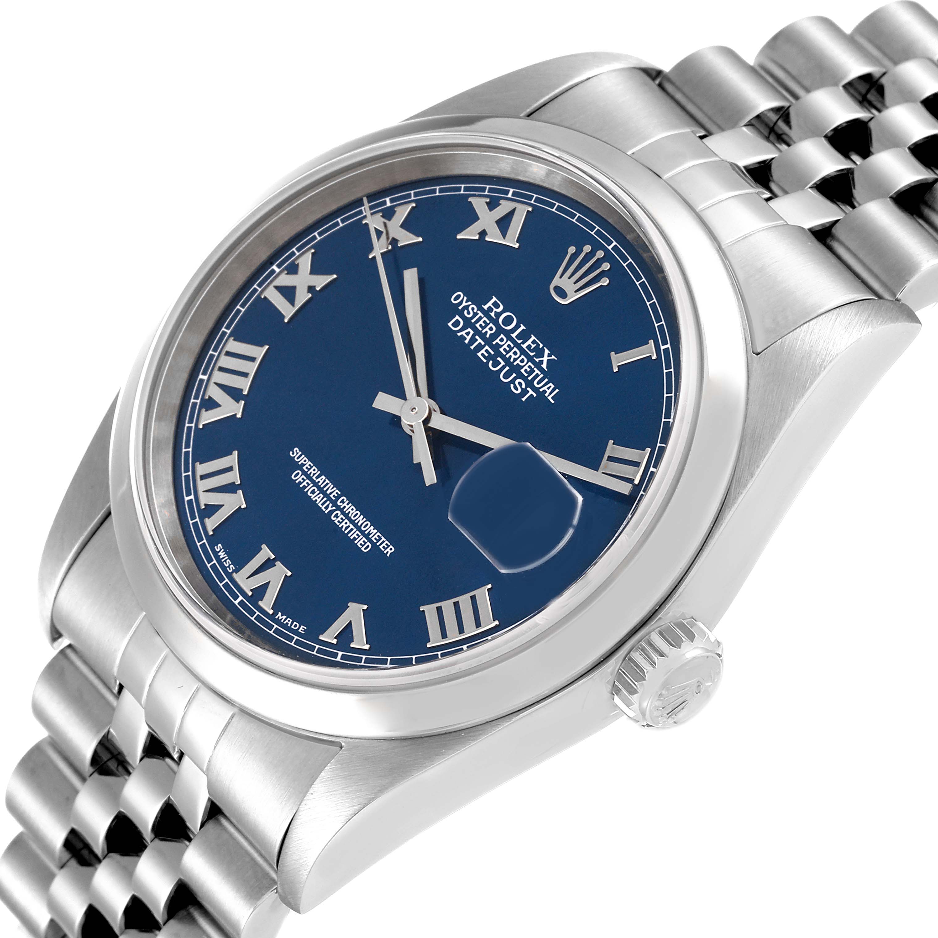 The image shows a Rolex Datejust 16200 Men's Stainless Steel Blue Dial 16200 Men's Stainless Steel Blue Dial watch with a blue dial, Roman numerals, and a stainless steel jubilee bracelet at an angled view.