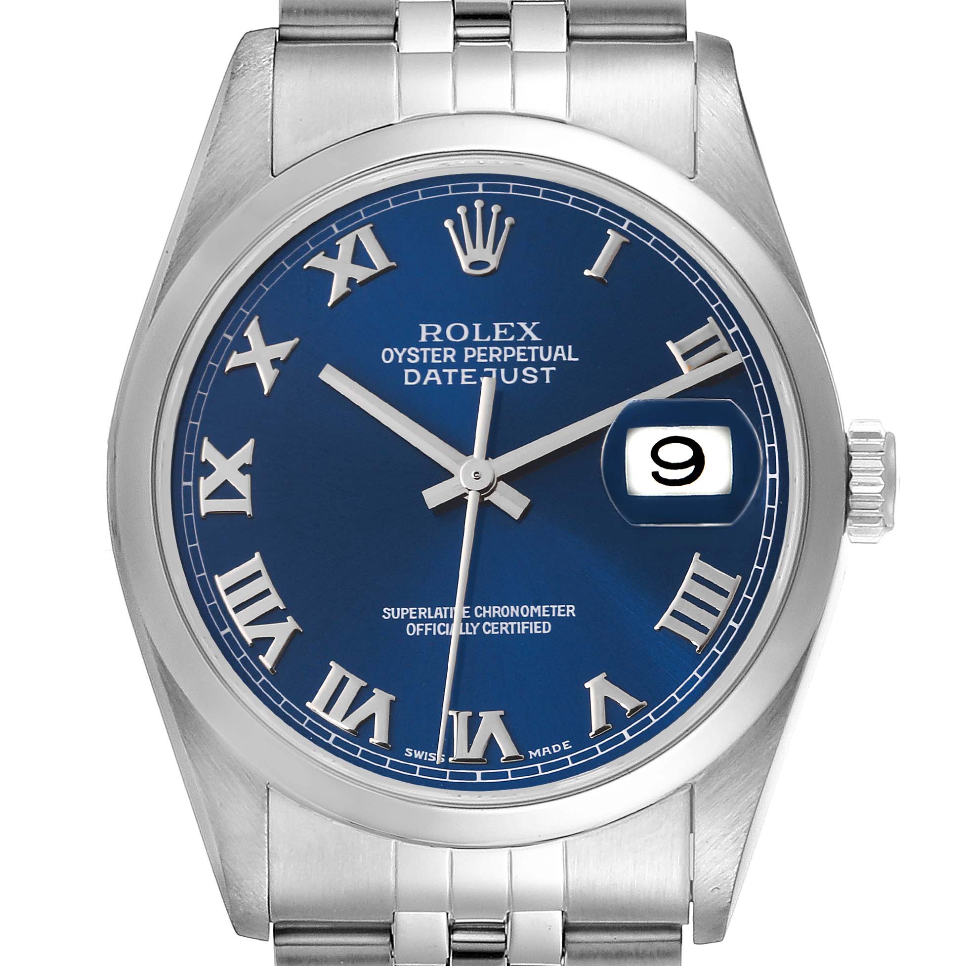 The Rolex Datejust 16200 Men's Stainless Steel Blue Dial 16200 Men's Stainless Steel Blue Dial watch is shown from a front angle, displaying the blue dial, Roman numerals, date window, and part of the bracelet.