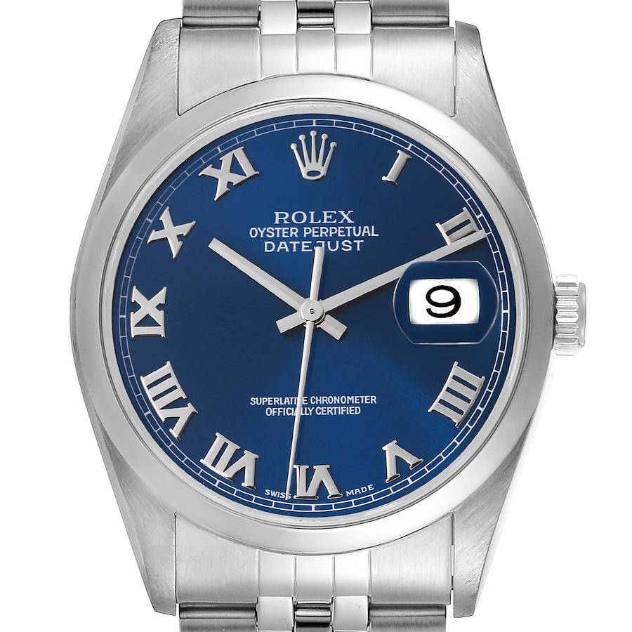 Rolex Datejust 36 Blue Roman Dial Steel Mens Watch 16200 SwissWatchExpo