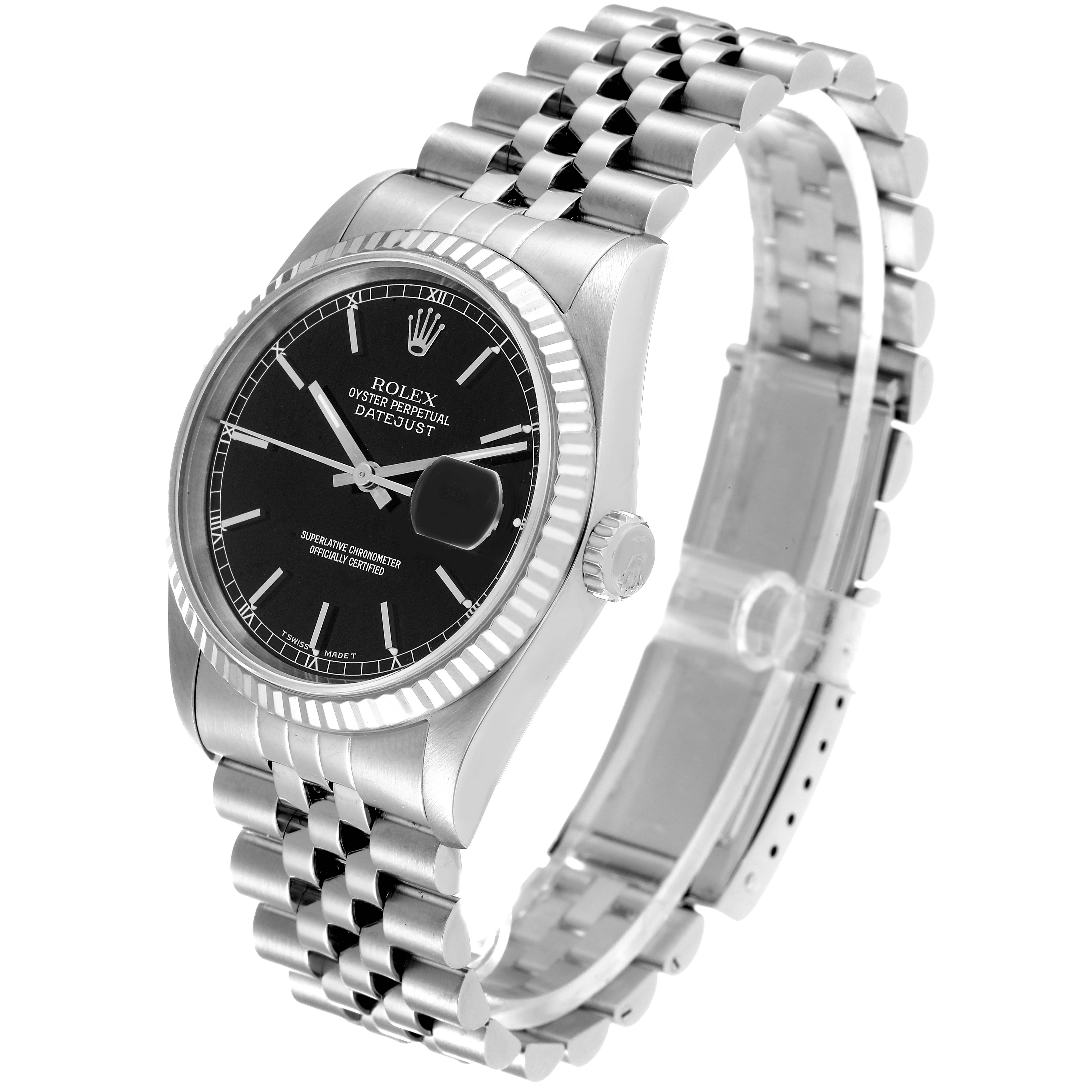The Rolex Datejust 16234 Men's Stainless Steel Black Dial 16234 Men's Stainless Steel Black Dial watch is shown at a three-quarter angle, displaying the dial, bezel, crown, and Jubilee bracelet.
