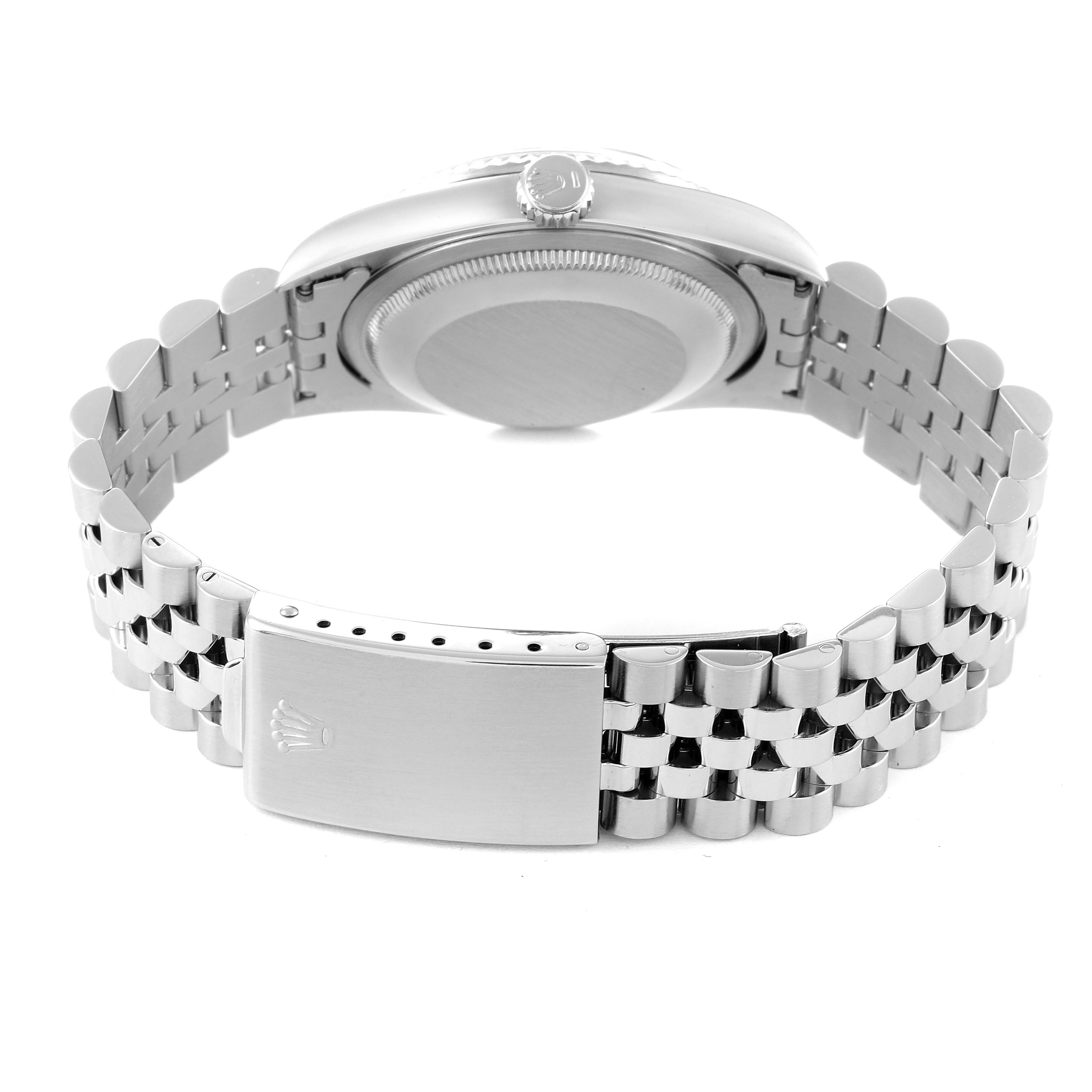 The image shows the back angle of a Rolex Datejust 16234 Men's Stainless Steel Black Dial 16234 Men's Stainless Steel Black Dial watch featuring the case back, crown, and jubilee bracelet with clasp.