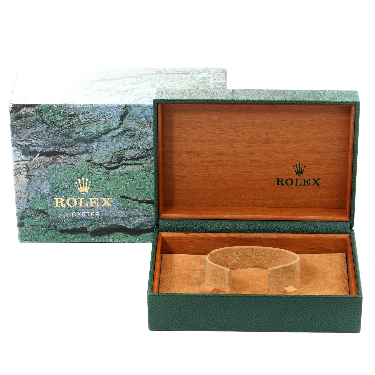 The image shows an open Rolex Datejust 16234 Men's Stainless Steel Black Dial 16234 Men's Stainless Steel Black Dial watch box and its outer packaging with both lids opened, inside is empty.