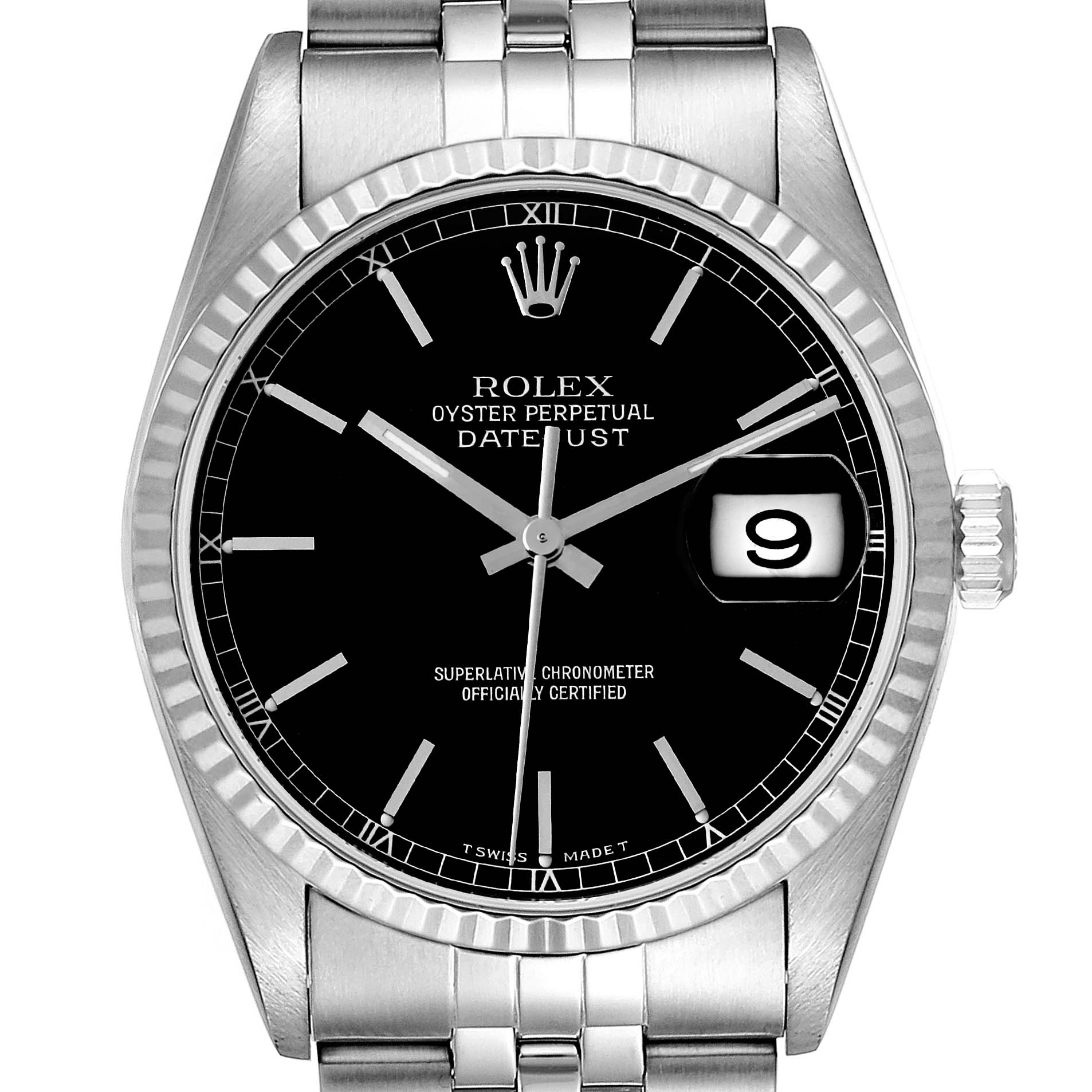 The image shows a front view of a Rolex Datejust 16234 Men's Stainless Steel Black Dial 16234 Men's Stainless Steel Black Dial watch, displaying the dial, hands, date window, and part of the bracelet.
