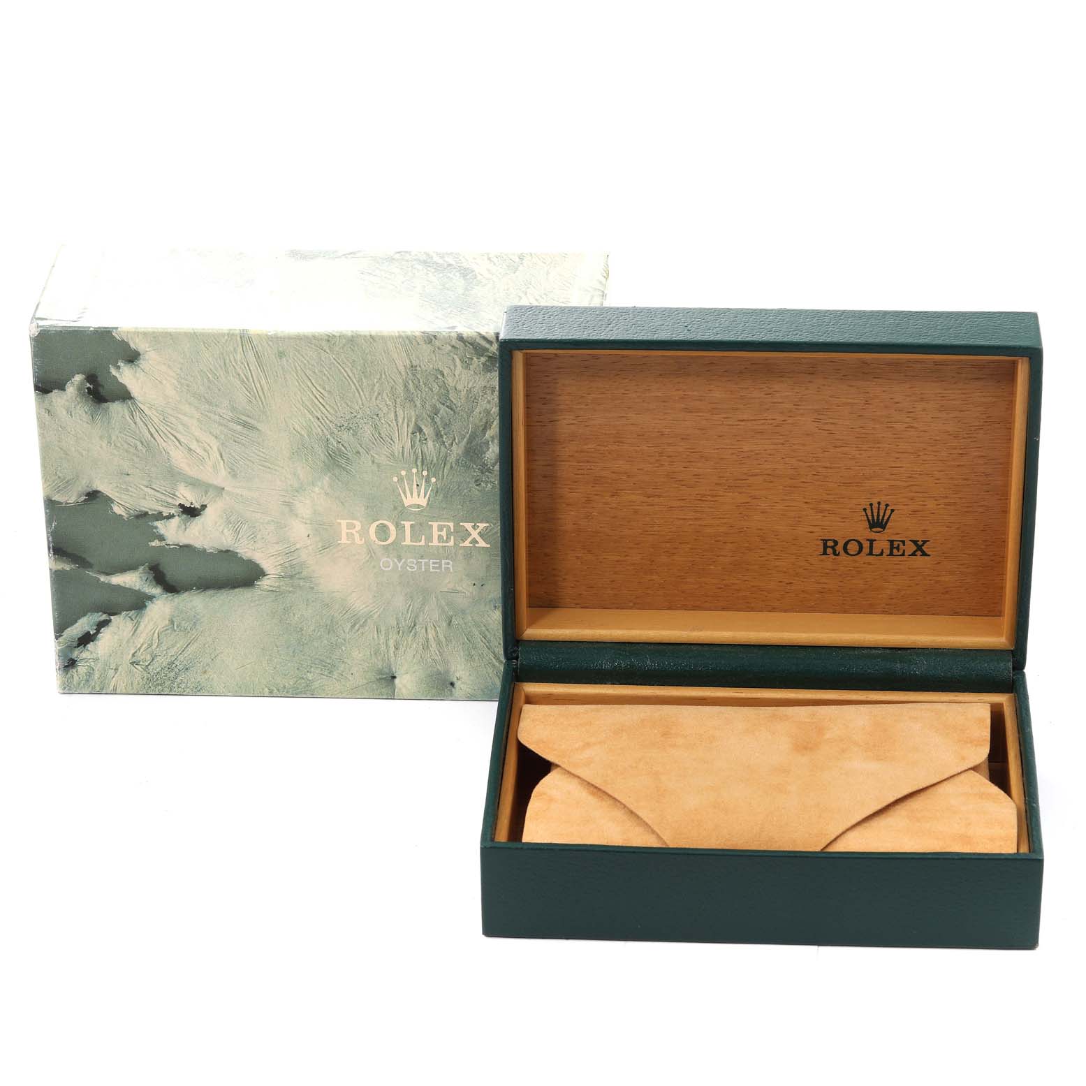 This image shows an open Rolex Datejust 16234 Men's Stainless Steel Silver Dial 16234 Men's Stainless Steel Silver Dial watch box with a protective inner pouch, placed beside its outer packaging box.