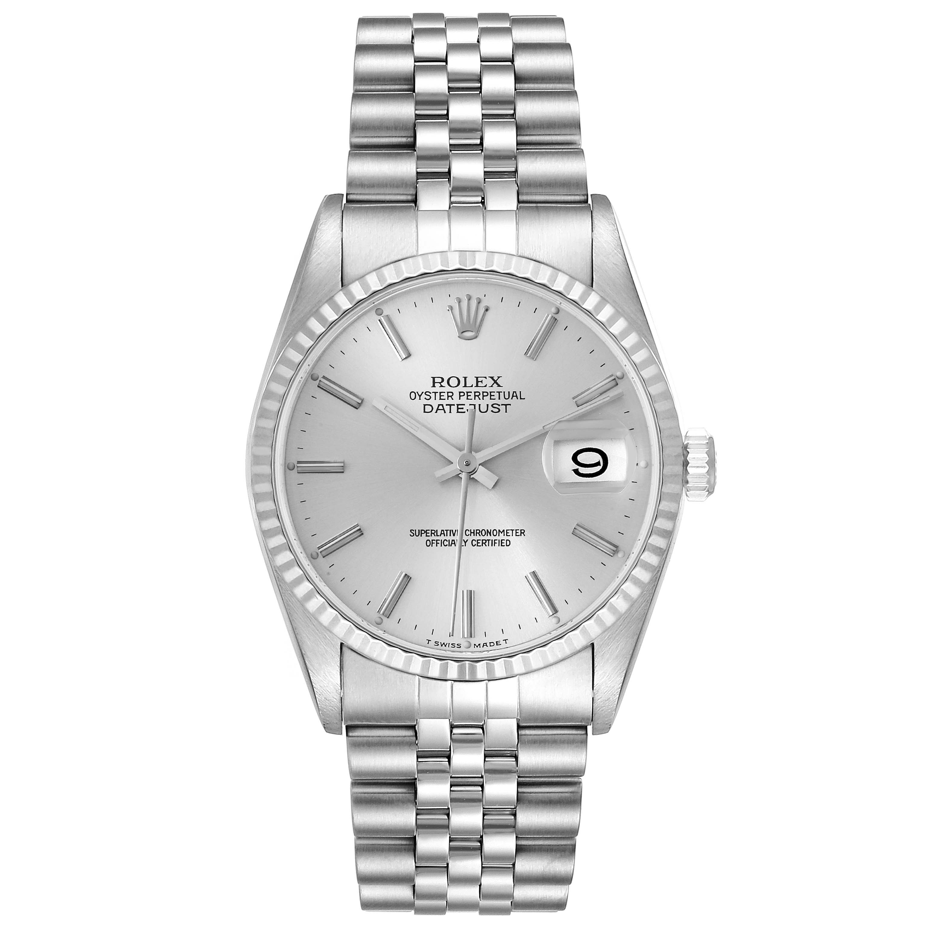 This image shows a front view of the Rolex Datejust 16234 Men's Stainless Steel Silver Dial 16234 Men's Stainless Steel Silver Dial watch, highlighting its dial, bezel, bracelet, and date window.