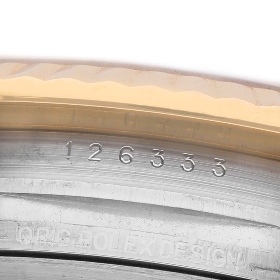 The image shows a close-up of the case side of a Rolex Datejust 41 126333 Men's Steel and Gold (two tone) Mother of Pearl Dial, highlighting the engraved serial number and "ORIG ROLEX DESIGN."