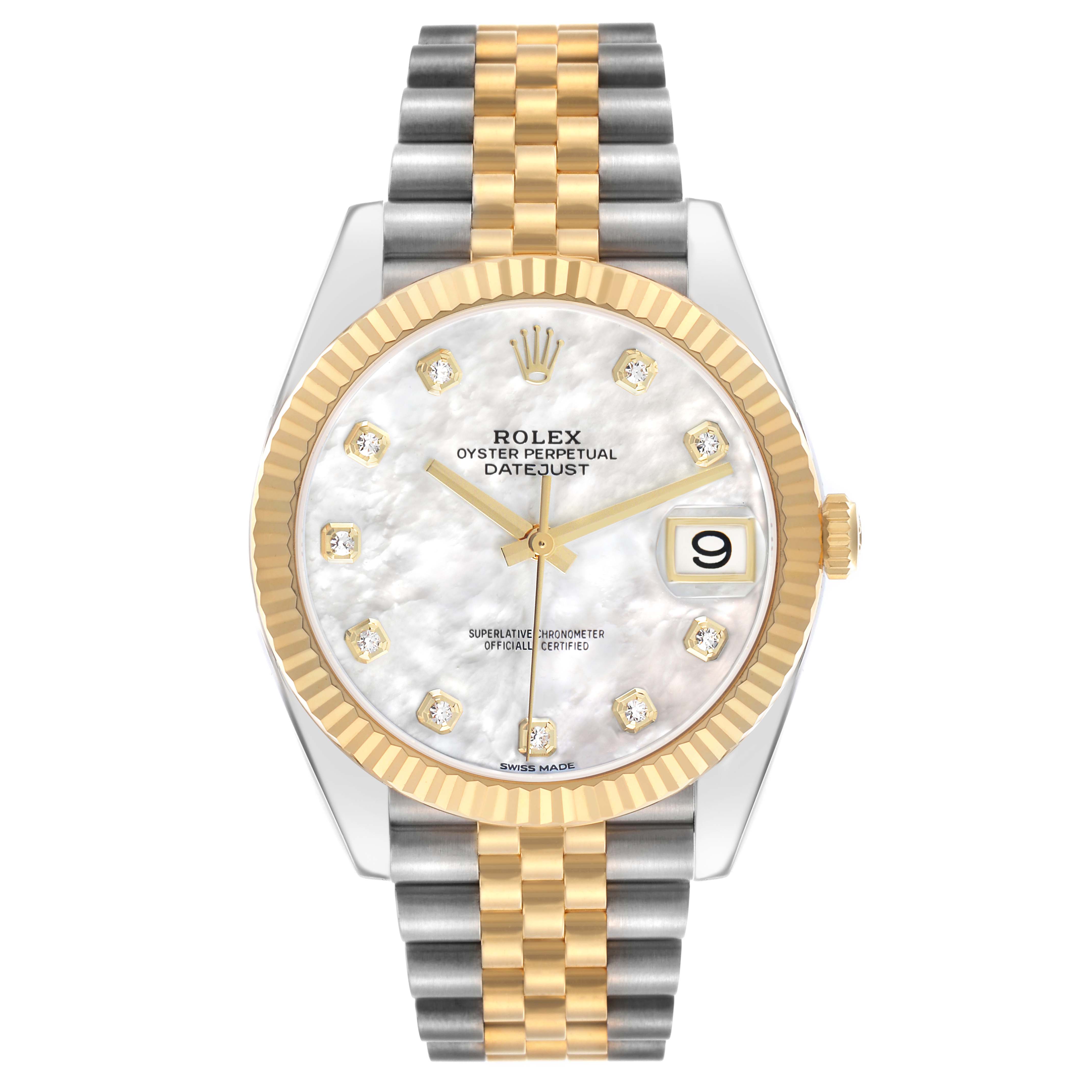 The Rolex Datejust 41 126333 Men's Steel and Gold (two tone) Mother of Pearl Dial is shown from a frontal angle, highlighting the dial, fluted bezel, and Jubilee bracelet.