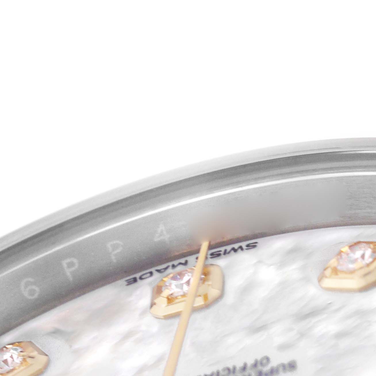 The image shows a close-up of the watch face of a Rolex Datejust 41 126333 Men's Steel and Gold (two tone) Mother of Pearl Dial, highlighting diamond hour markers and part of the bezel.