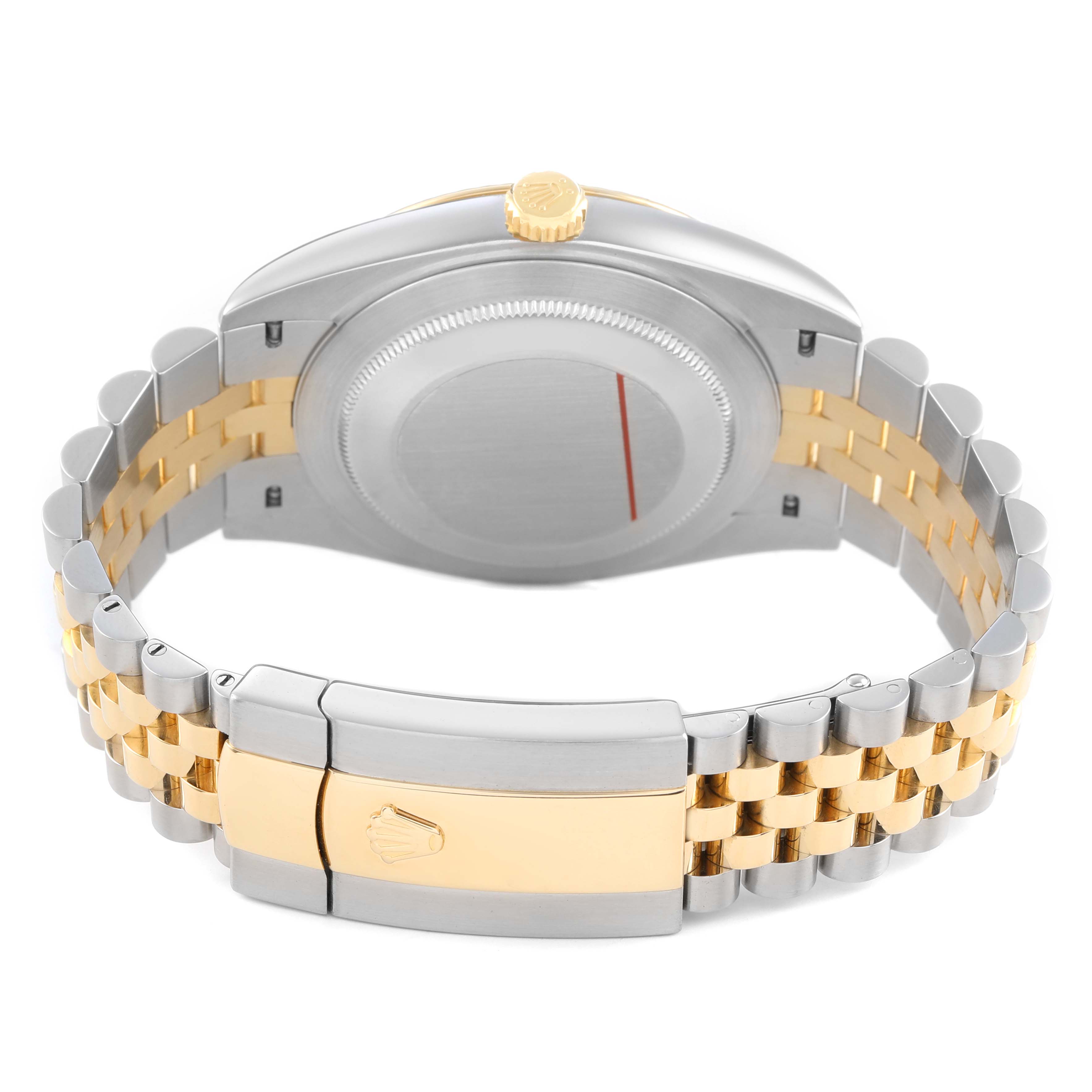 The image shows the back of a Rolex Datejust 41 126333 Men's Steel and Gold (two tone) Mother of Pearl Dial, highlighting its clasp, bracelet, and case back at a slight overhead angle.