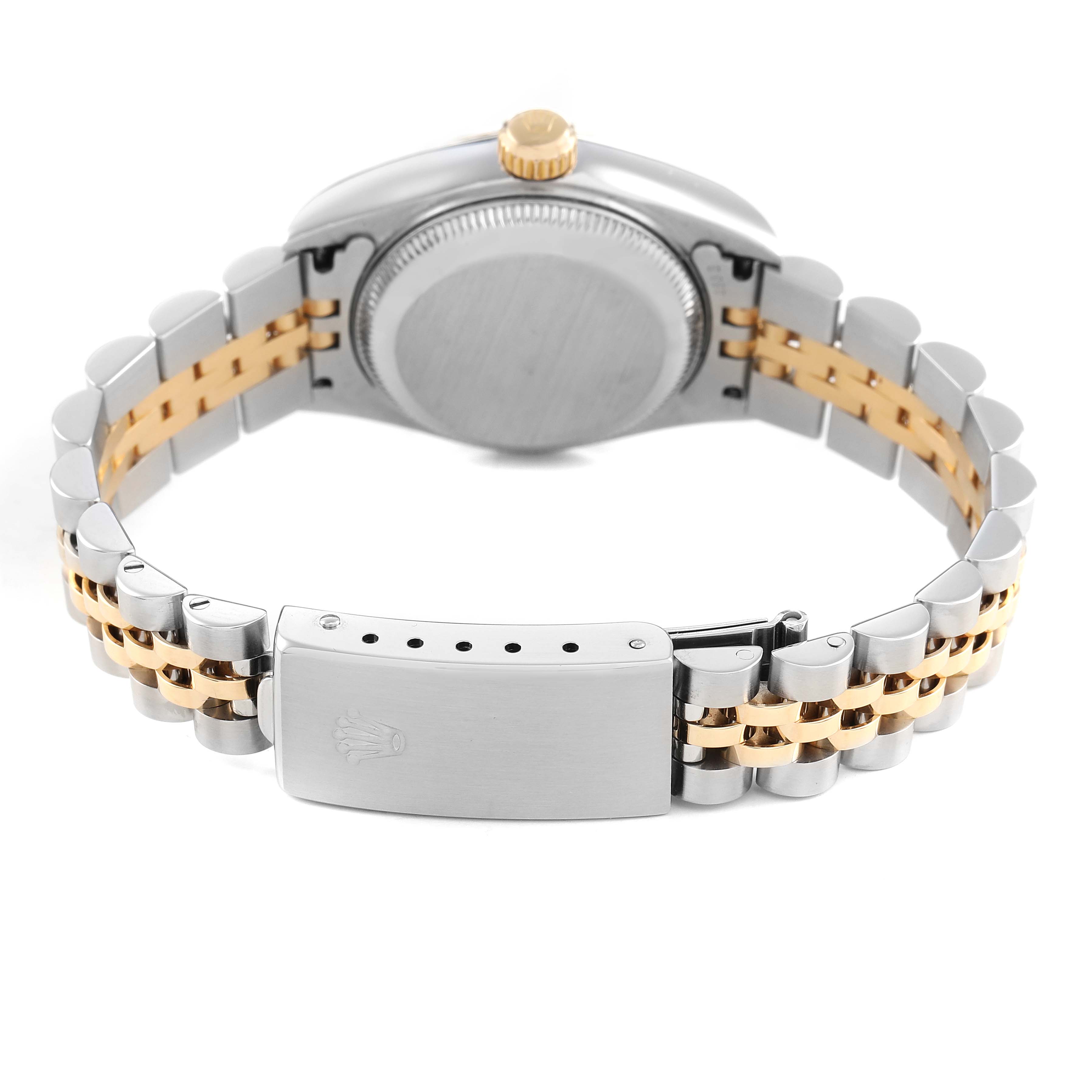 The image shows a Rolex Datejust 79173 Women's Stainless Steel Champagne Dial watch from the back, highlighting the bracelet, clasp, and case back.
