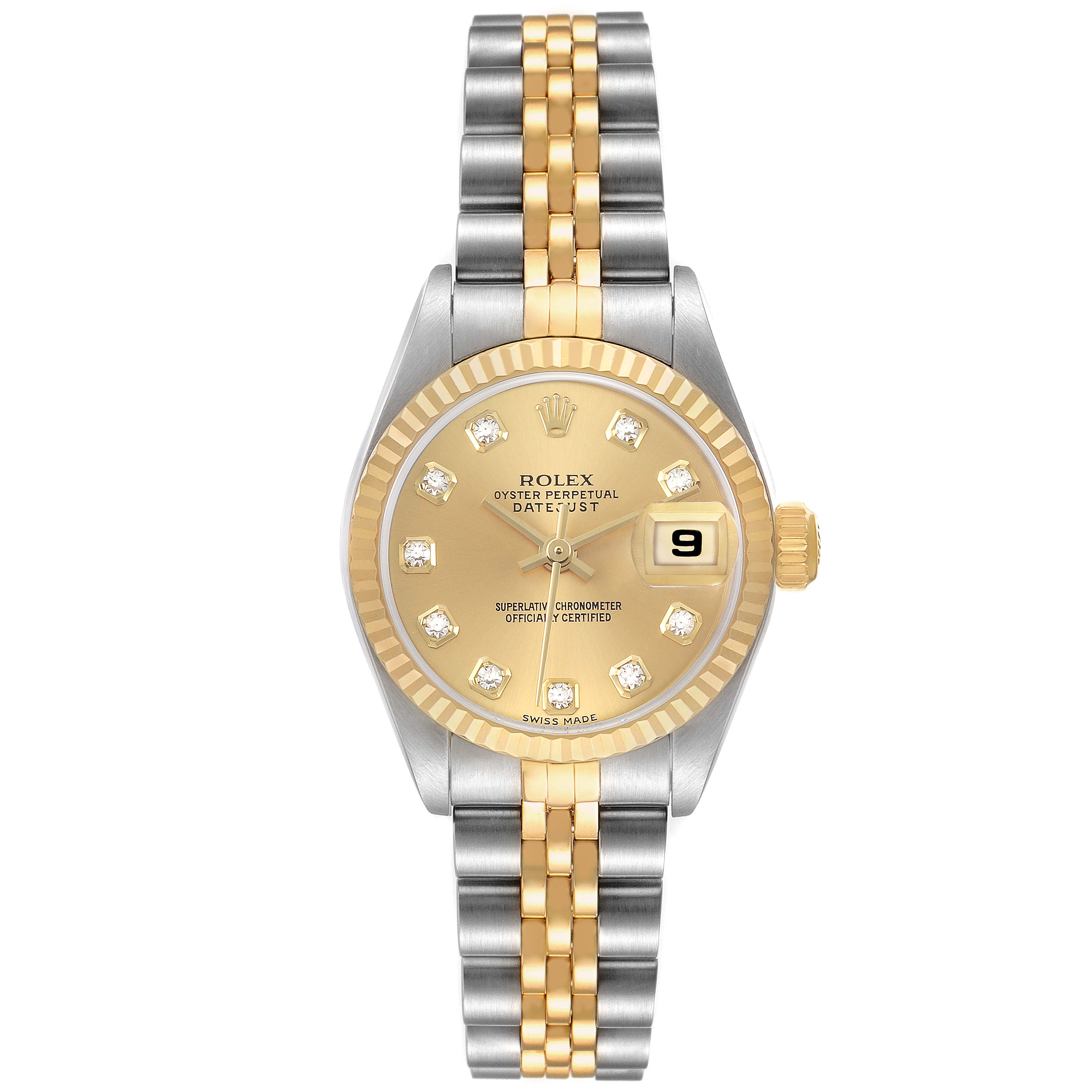 The Rolex Datejust 79173 Women's Stainless Steel Champagne Dial watch is shown from the front, displaying the dial, bezel, and Jubilee bracelet.