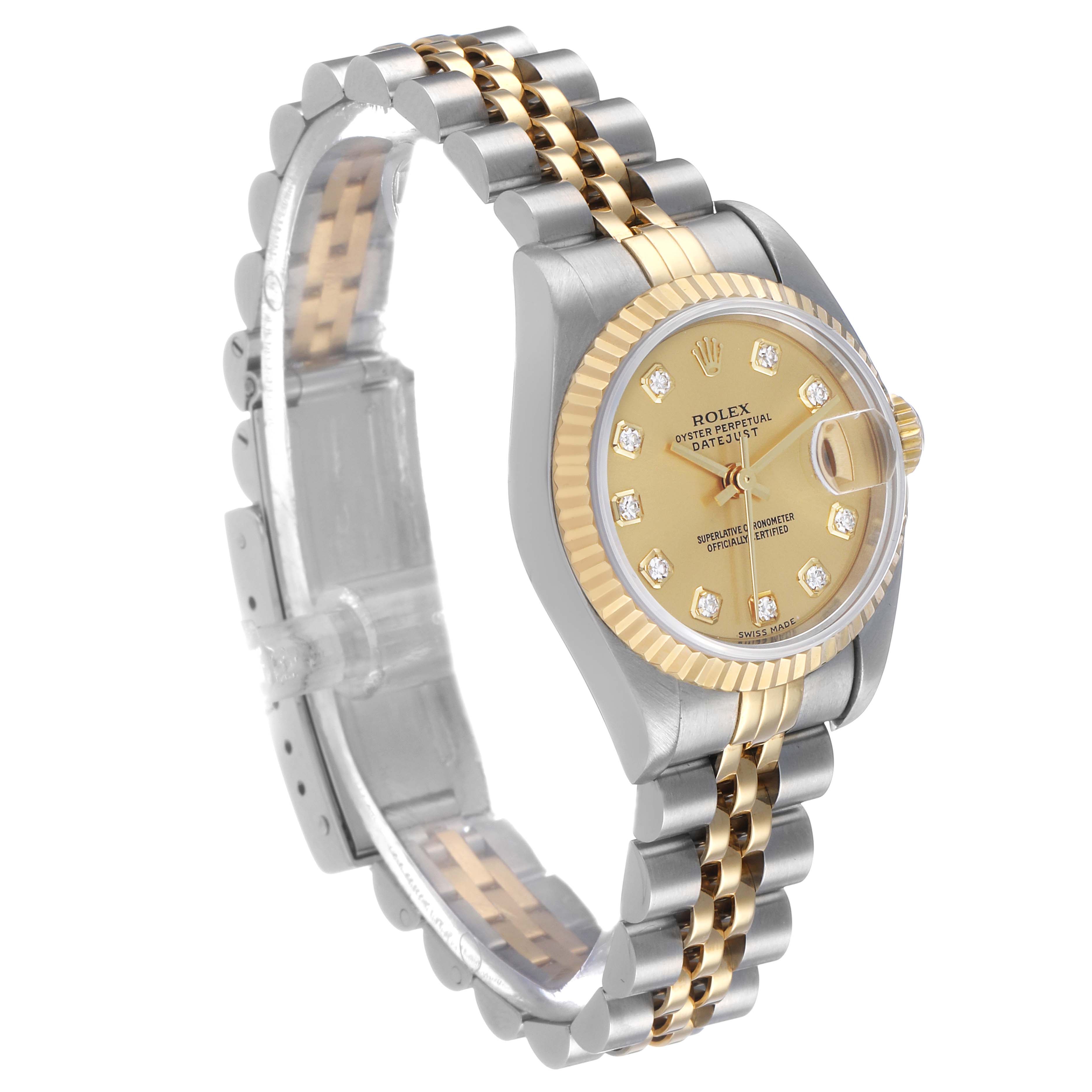 The Rolex Datejust 79173 Women's Stainless Steel Champagne Dial watch is shown at a slight angle, highlighting its dial, bezel, bracelet, and side profile.