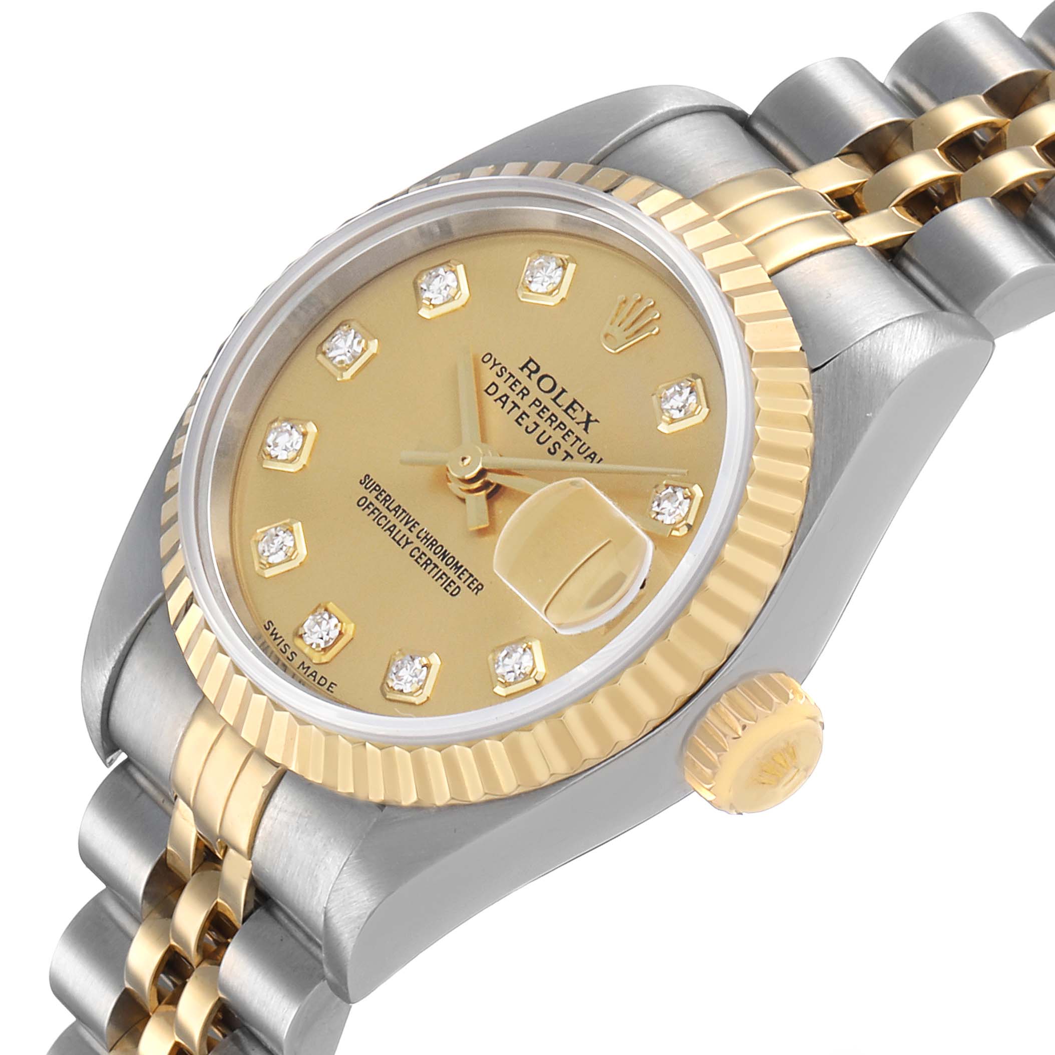 The Rolex Datejust 79173 Women's Stainless Steel Champagne Dial is shown at an angled view, highlighting the gold dial, diamond indices, fluted bezel, and two-tone bracelet.