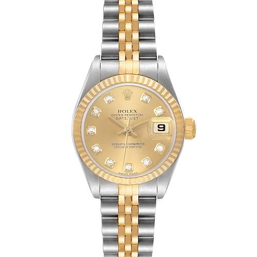The Rolex Datejust 79173 Women's Stainless Steel Champagne Dial is shown from the front, highlighting its dial, bezel, bracelet, and crown.