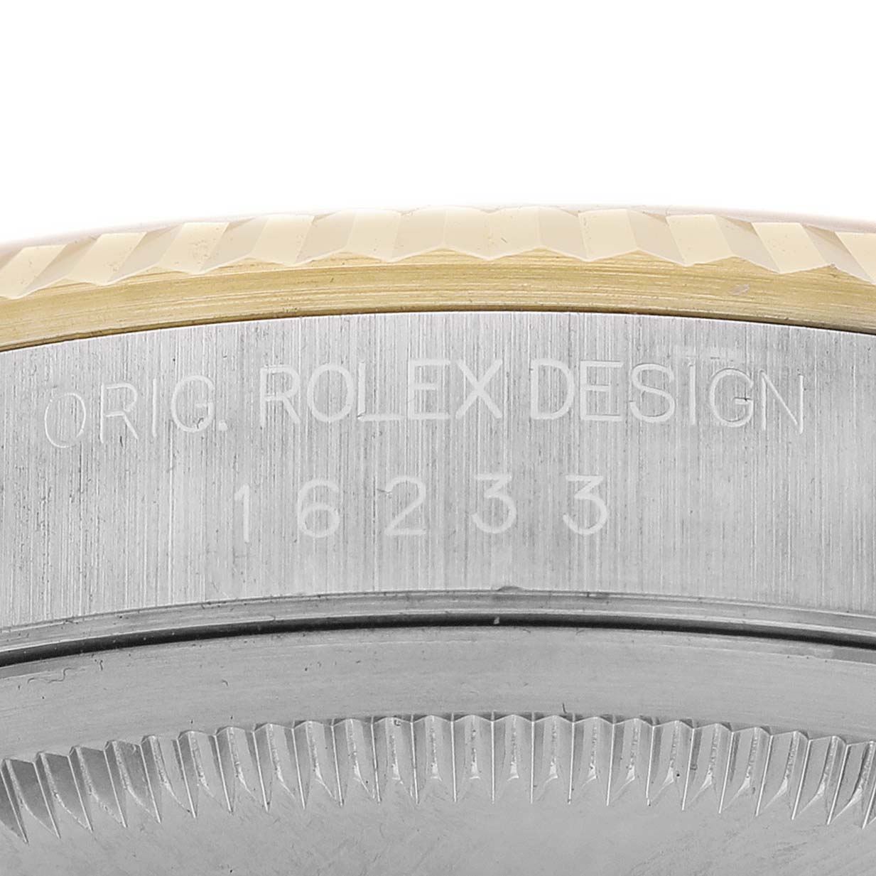 The image shows the side view of the Rolex Datejust 16233 Men's Stainless Steel Champagne Dial, focusing on the bezel engraving.