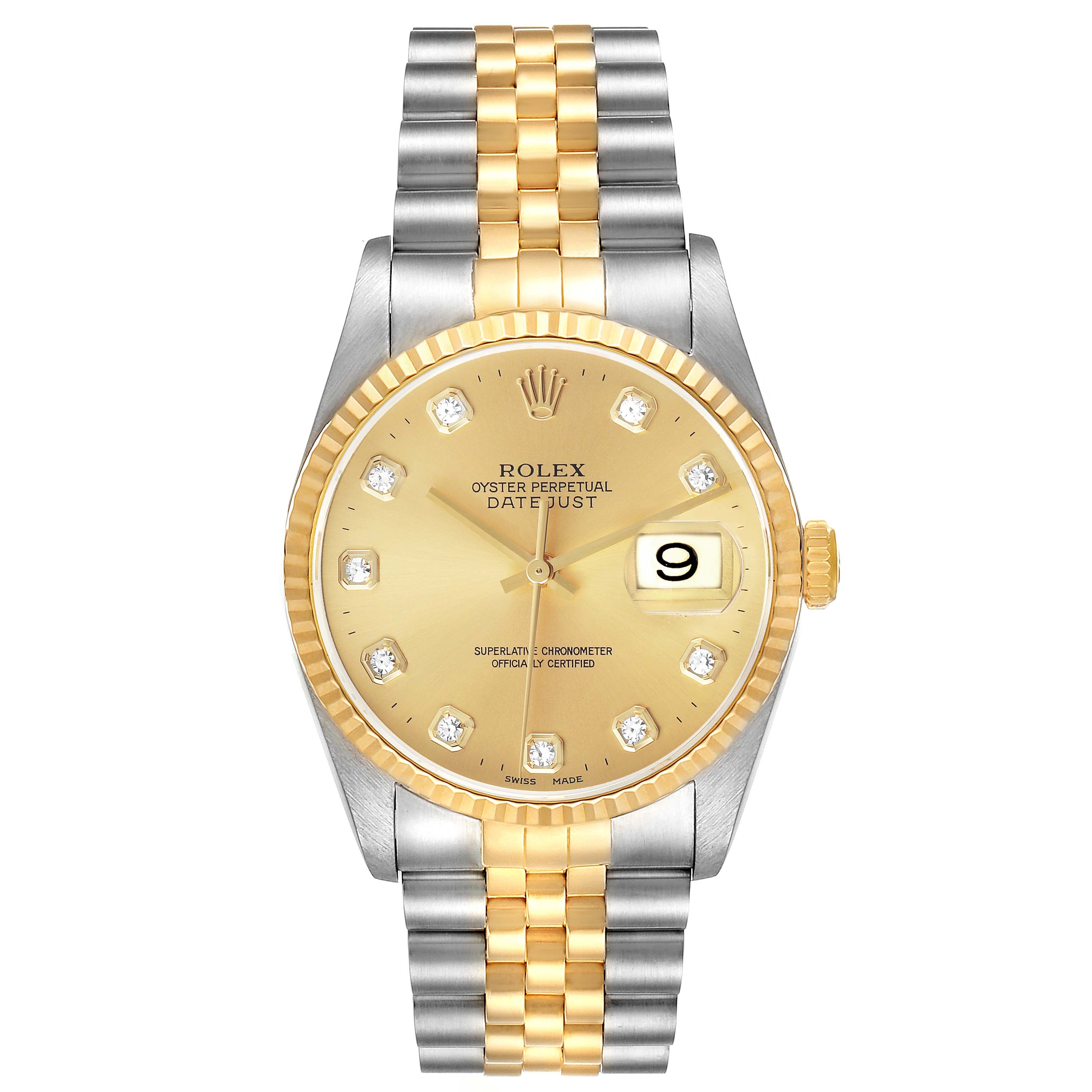The Rolex Datejust 16233 Men's Stainless Steel Champagne Dial watch is shown from the front, highlighting its dial, bezel, crown, and two-tone bracelet.