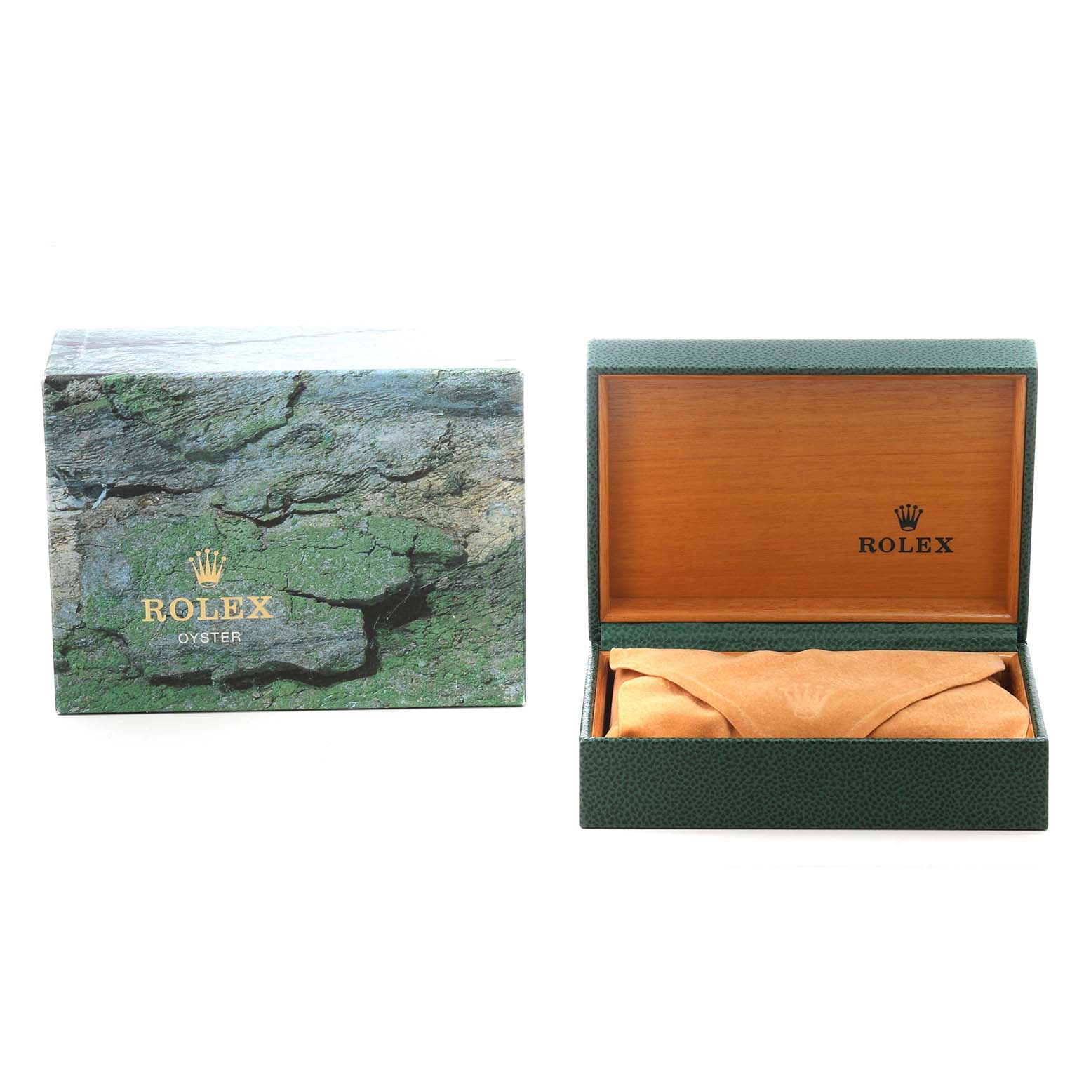 The image shows the packaging and open box for a Rolex Datejust 16233 Men's Stainless Steel Champagne Dial watch, showcasing the exterior and interior branding.