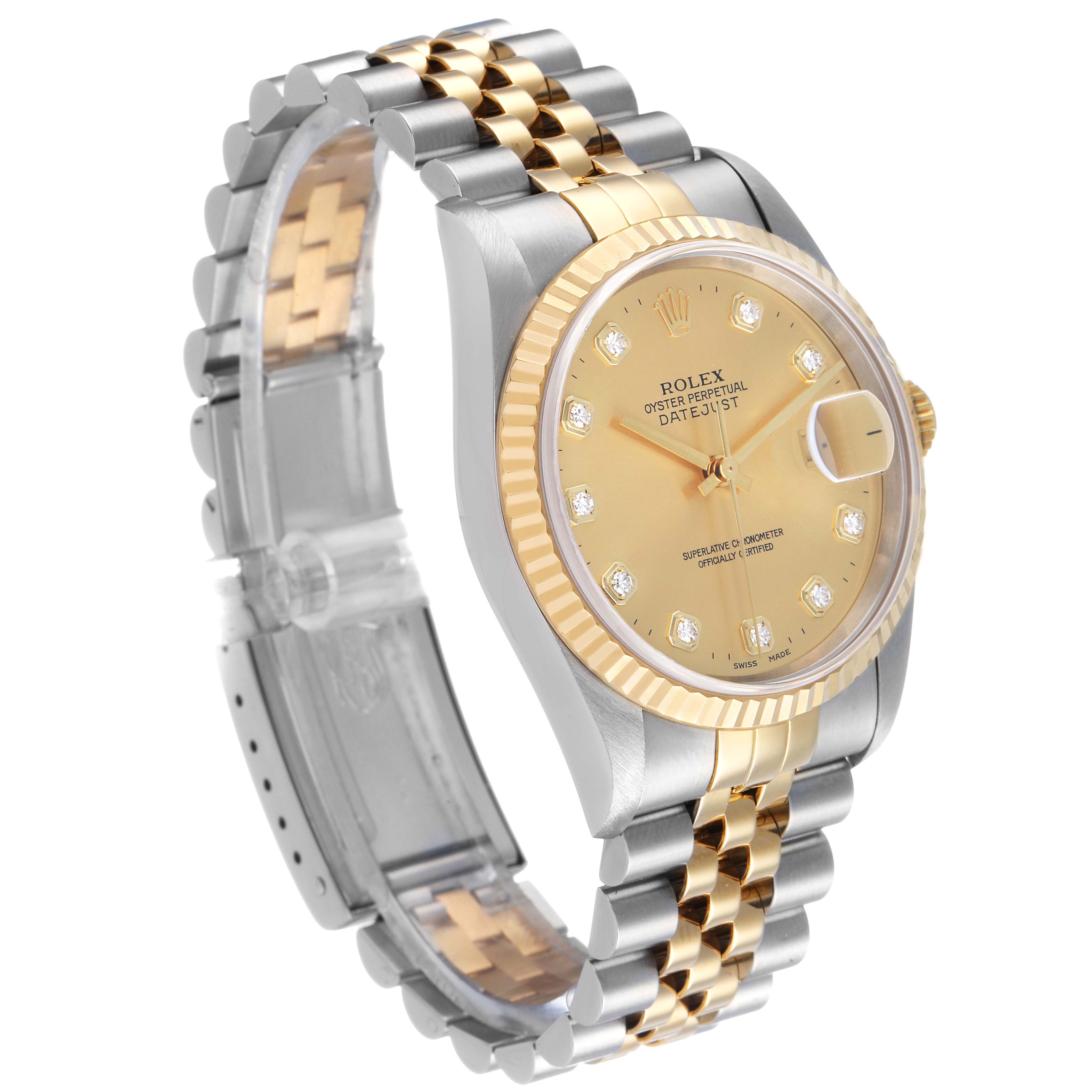 This Rolex Datejust 16233 Men's Stainless Steel Champagne Dial watch is shown at a three-quarter angle, highlighting its dial, two-tone bracelet, and fluted bezel.