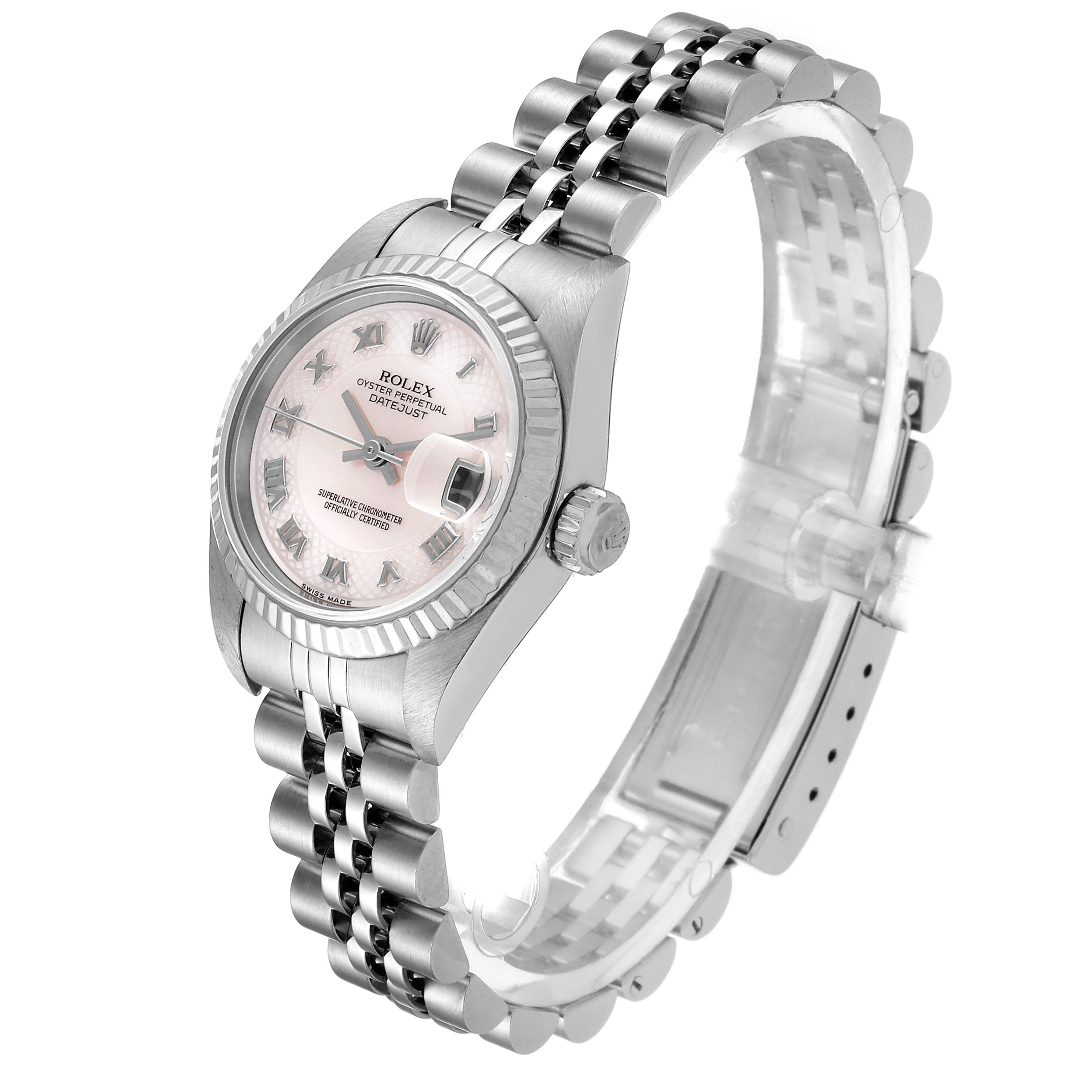 This image shows the Rolex Datejust 79174 Women's Stainless Steel Mother of Pearl Dial 79174 Women's Stainless Steel Mother of Pearl Dial watch at a slight angle, displaying the face, bezel, crown, and Jubilee bracelet.