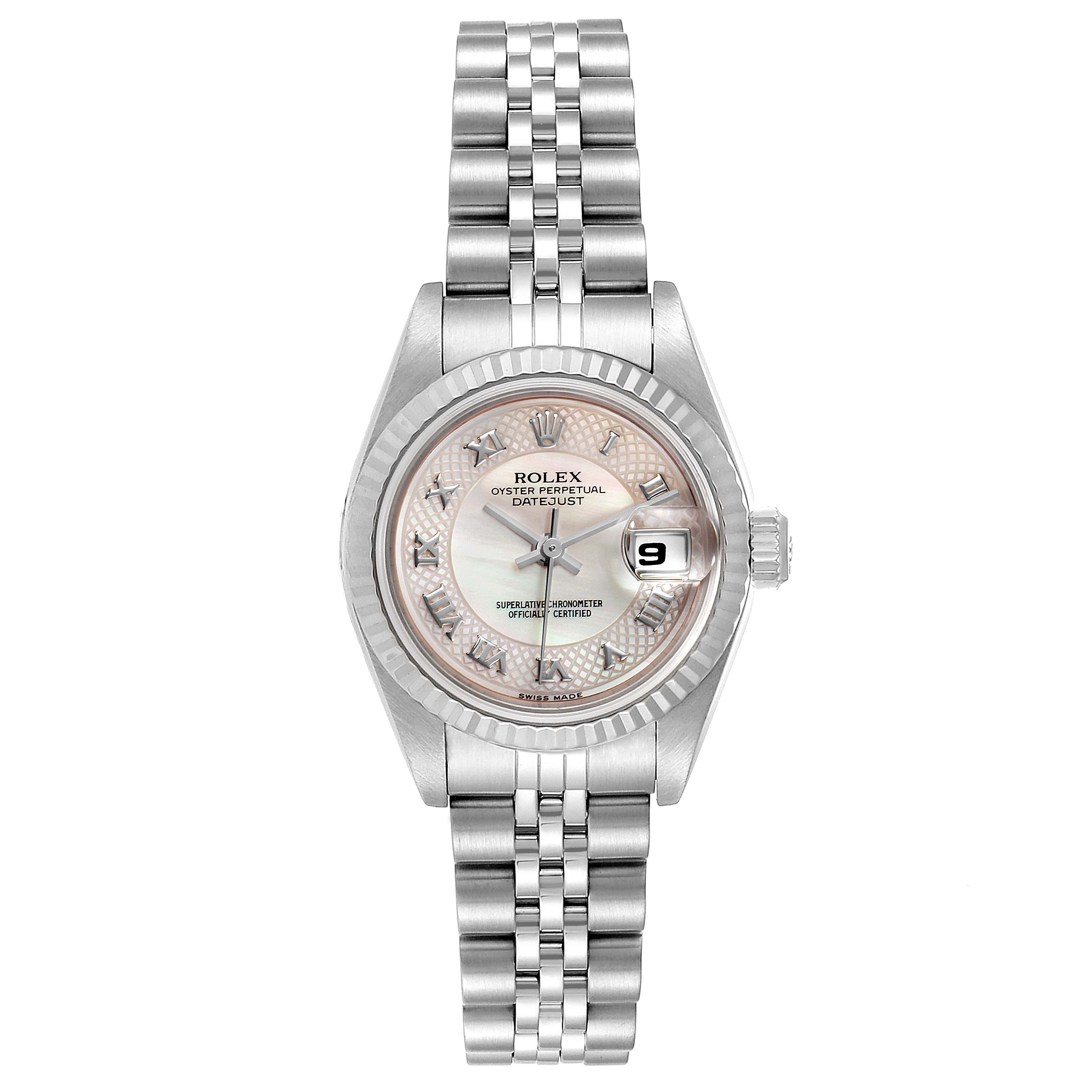 This image shows the face and bracelet of a Rolex Datejust 79174 Women's Stainless Steel Mother of Pearl Dial 79174 Women's Stainless Steel Mother of Pearl Dial watch from a top-down angle.