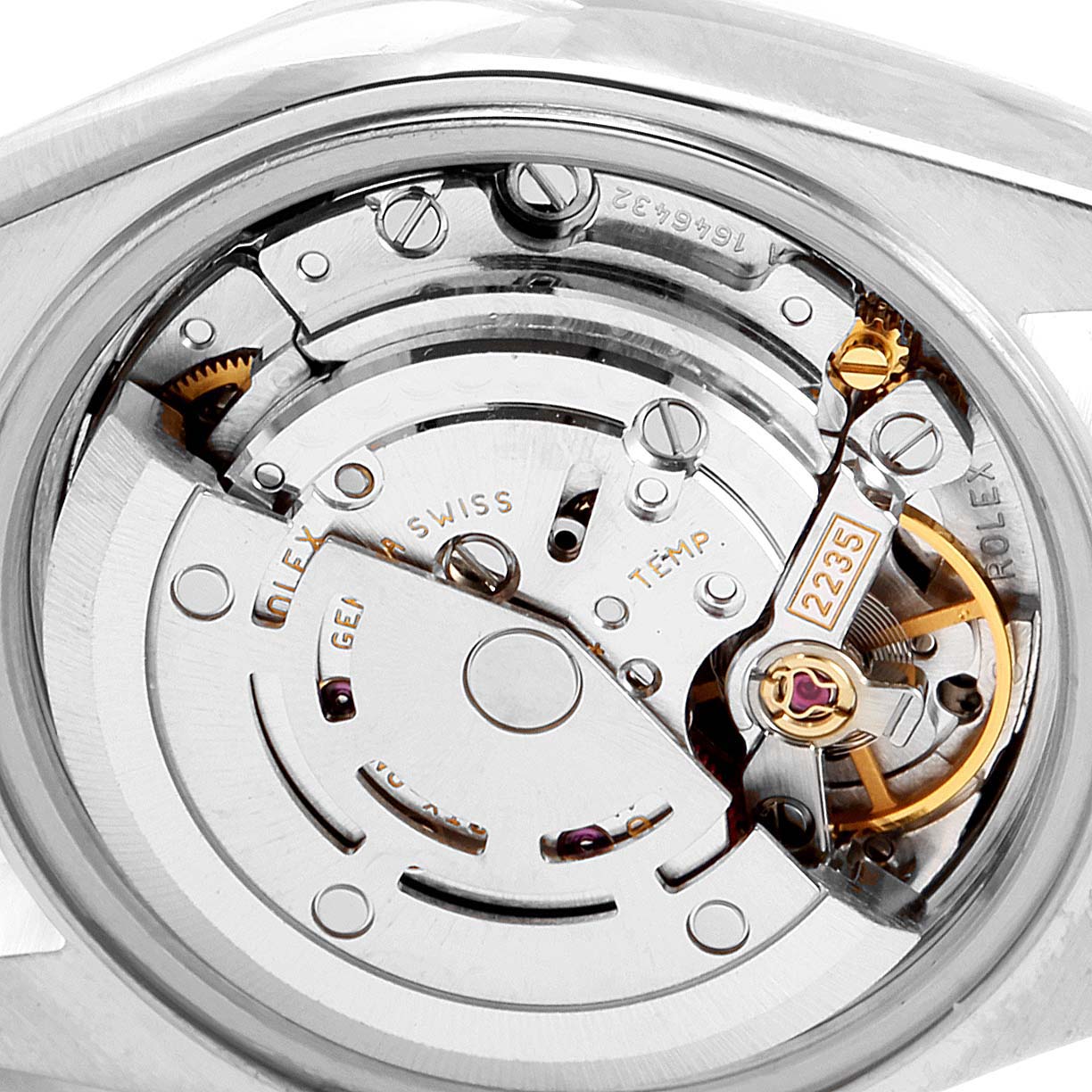 Close-up view of the movement and internal mechanism of a Rolex Datejust 79174 Women's Stainless Steel Mother of Pearl Dial 79174 Women's Stainless Steel Mother of Pearl Dial watch, showing gears and intricate details.