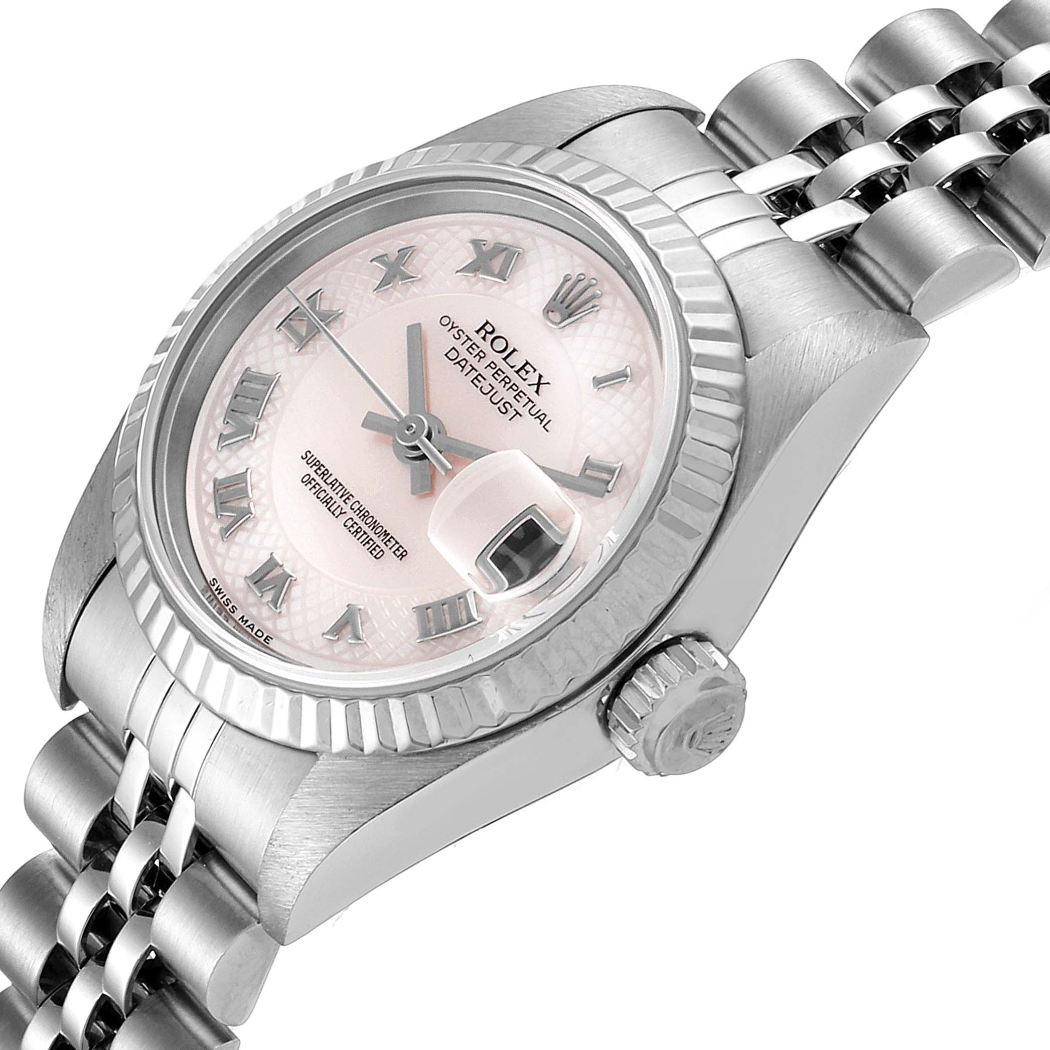 The image shows a close-up angled view of a Rolex Datejust 79174 Women's Stainless Steel Mother of Pearl Dial 79174 Women's Stainless Steel Mother of Pearl Dial watch, highlighting the dial, bezel, and bracelet.