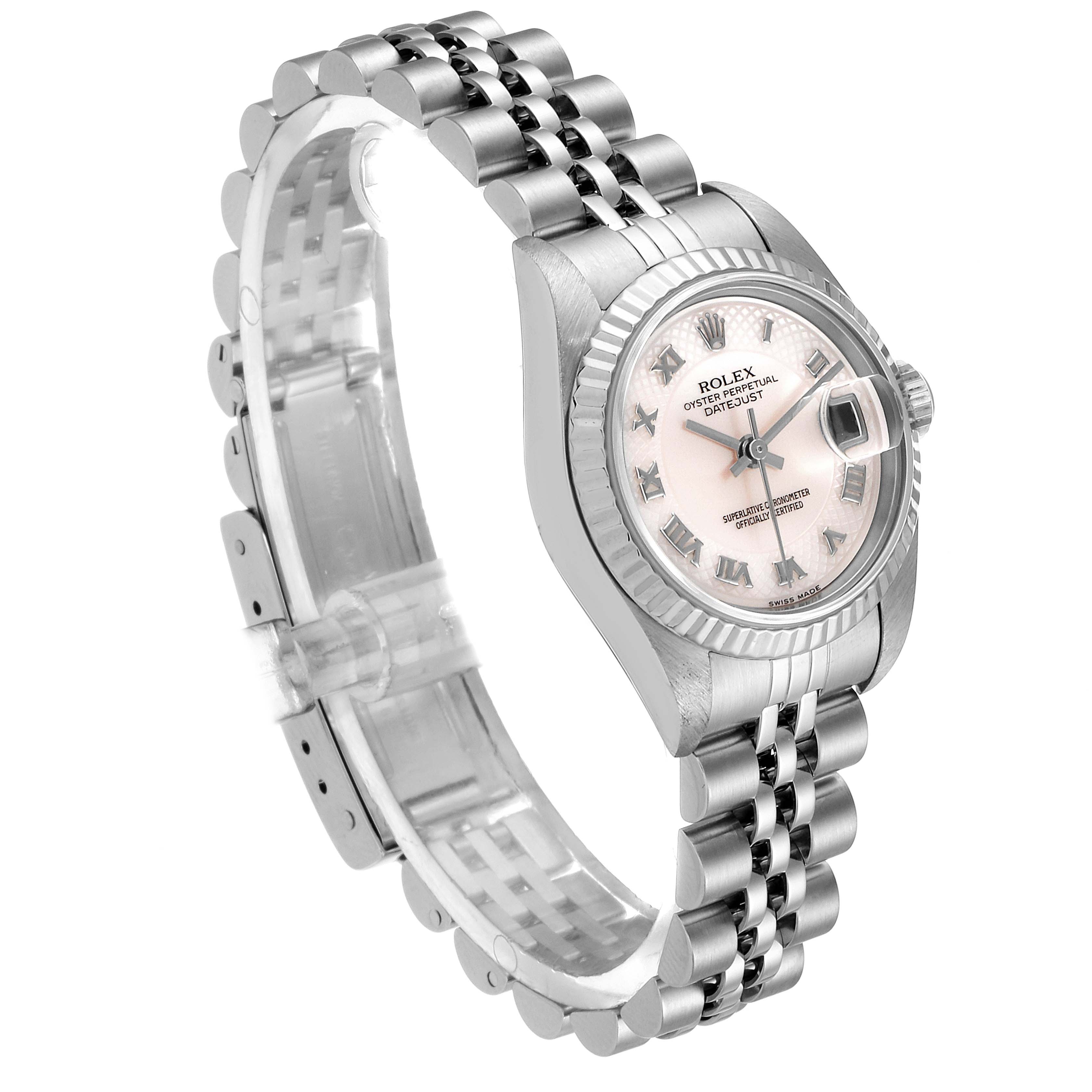 The Rolex Datejust 79174 Women's Stainless Steel Mother of Pearl Dial 79174 Women's Stainless Steel Mother of Pearl Dial watch is shown at a slight angle, displaying the face, bezel, and stainless steel bracelet.