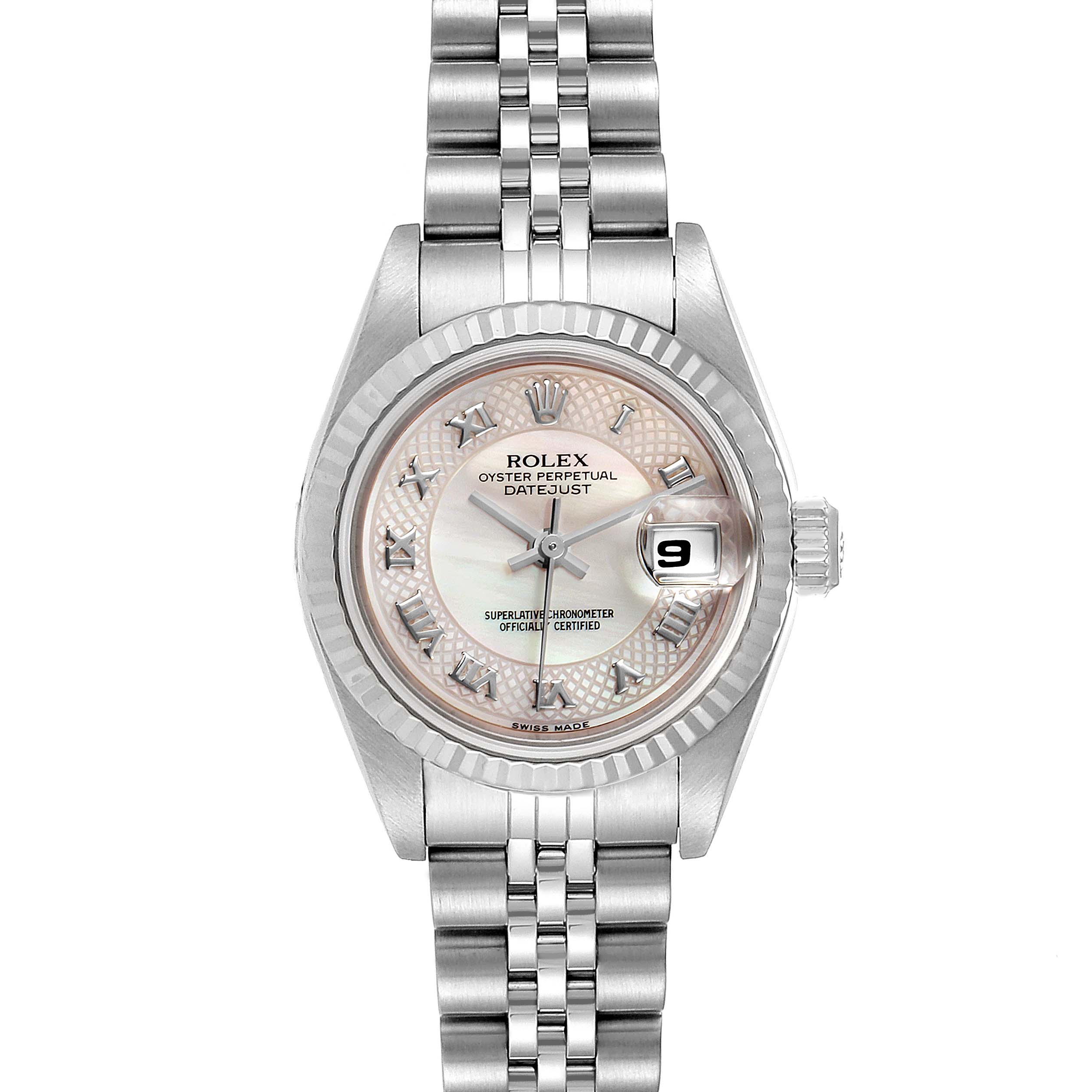 This image shows a full front view of the Rolex Datejust 79174 Women's Stainless Steel Mother of Pearl Dial 79174 Women's Stainless Steel Mother of Pearl Dial watch, clearly displaying the face, bezel, crown, and bracelet.