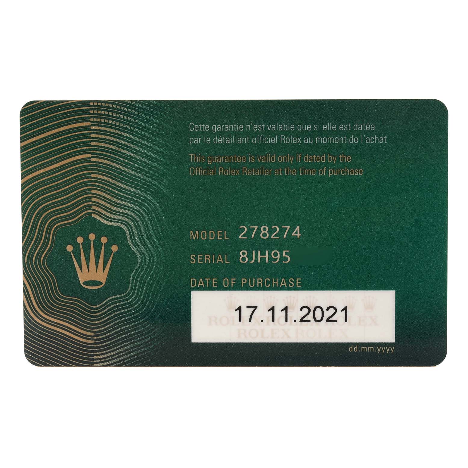 The image shows the warranty card for the Rolex Mid-Size 278274 Women's Stainless Steel Blue Dial 278274 Women's Stainless Steel Blue Dial model 278274, including the serial number and purchase date.