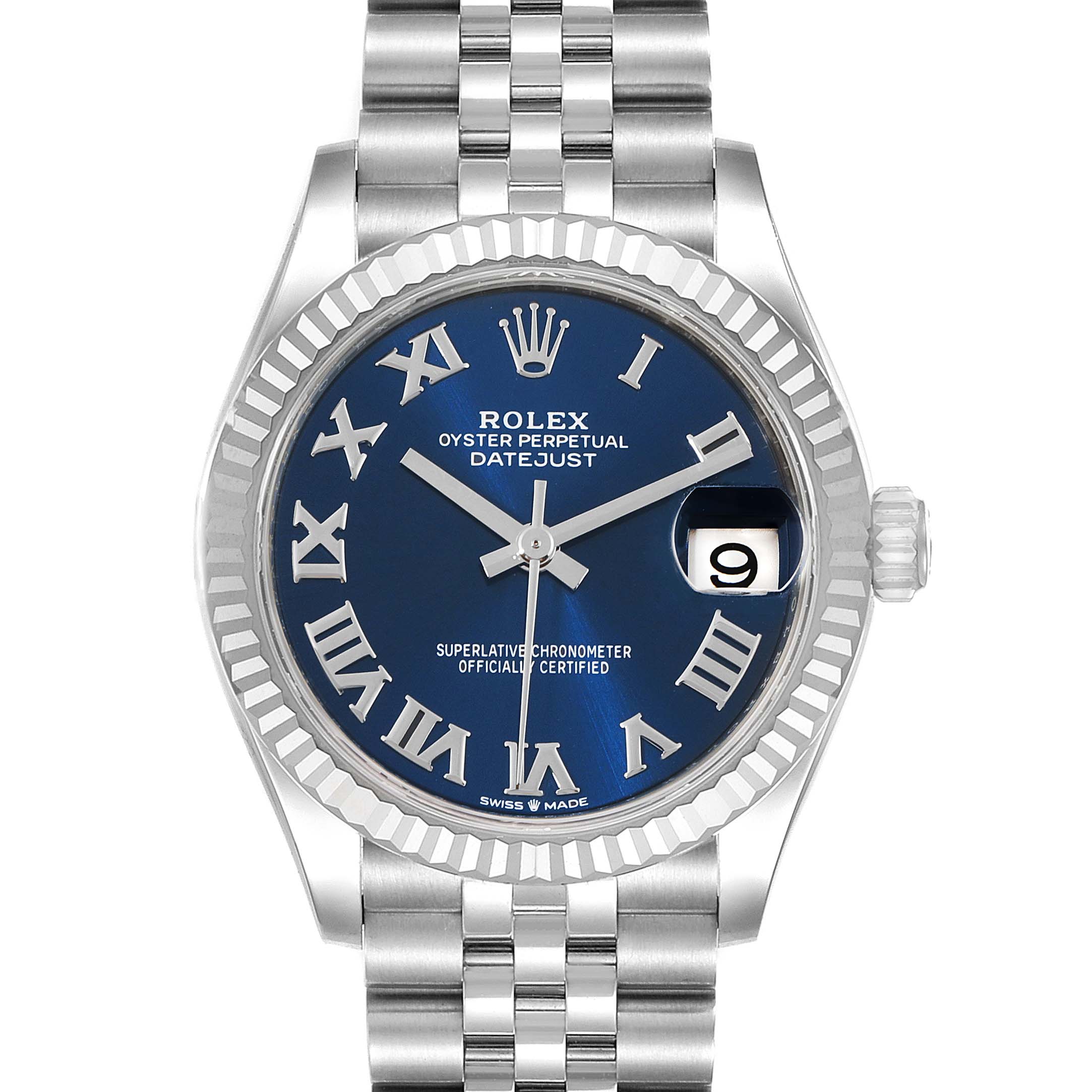 The image shows a front view of a Rolex Oyster Perpetual Datejust Mid-Size watch with a blue dial and Roman numerals.