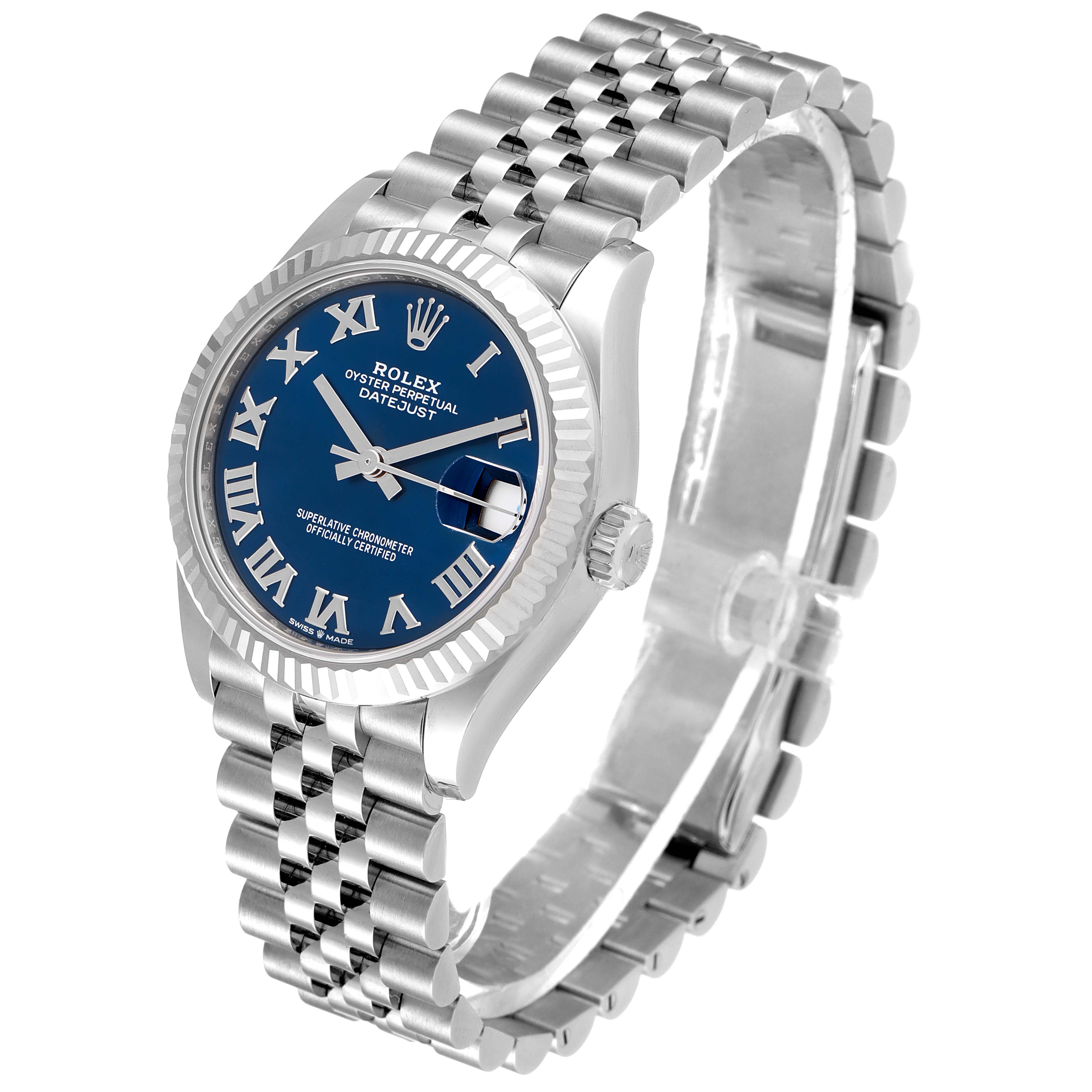 This image shows a side angle of the Rolex Mid-Size 278274 Women's Stainless Steel Blue Dial 278274 Women's Stainless Steel Blue Dial Oyster Perpetual Datejust, highlighting its blue dial, bezel, and bracelet.