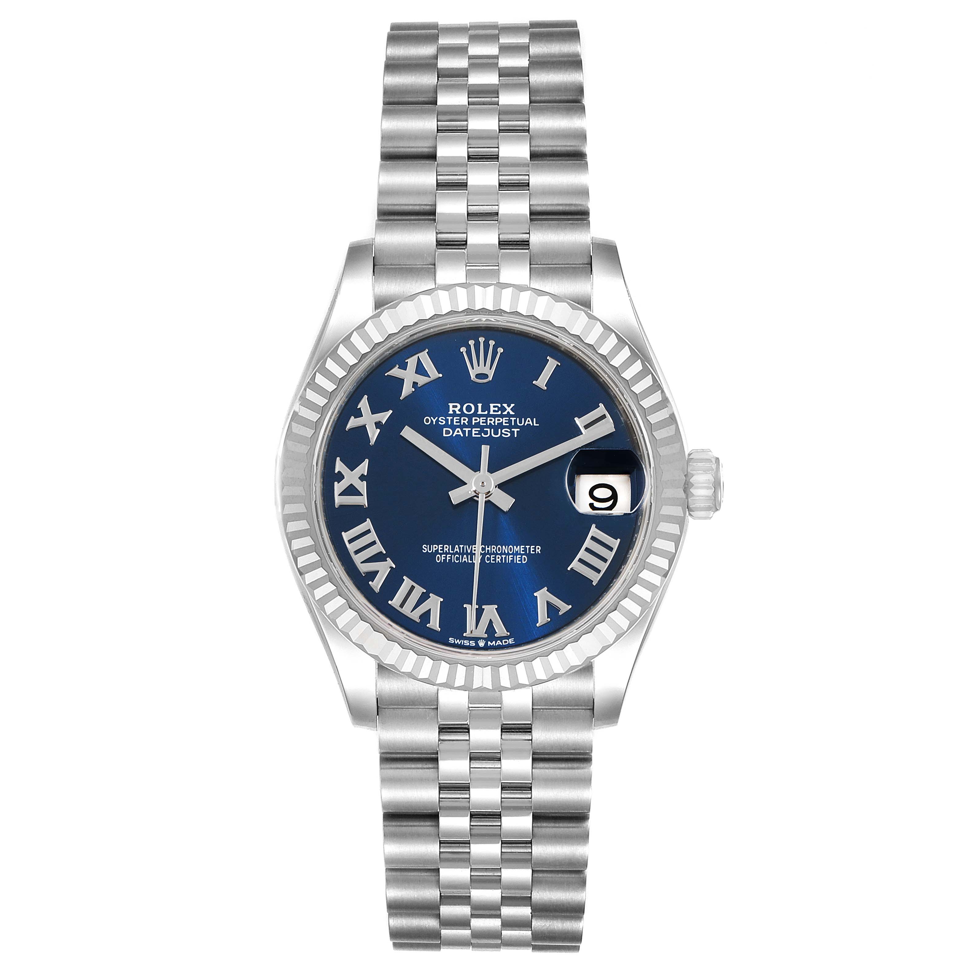 This image shows a front view of a mid-size Rolex Datejust watch, displaying its blue dial, Roman numerals, Jubilee bracelet, and date window.