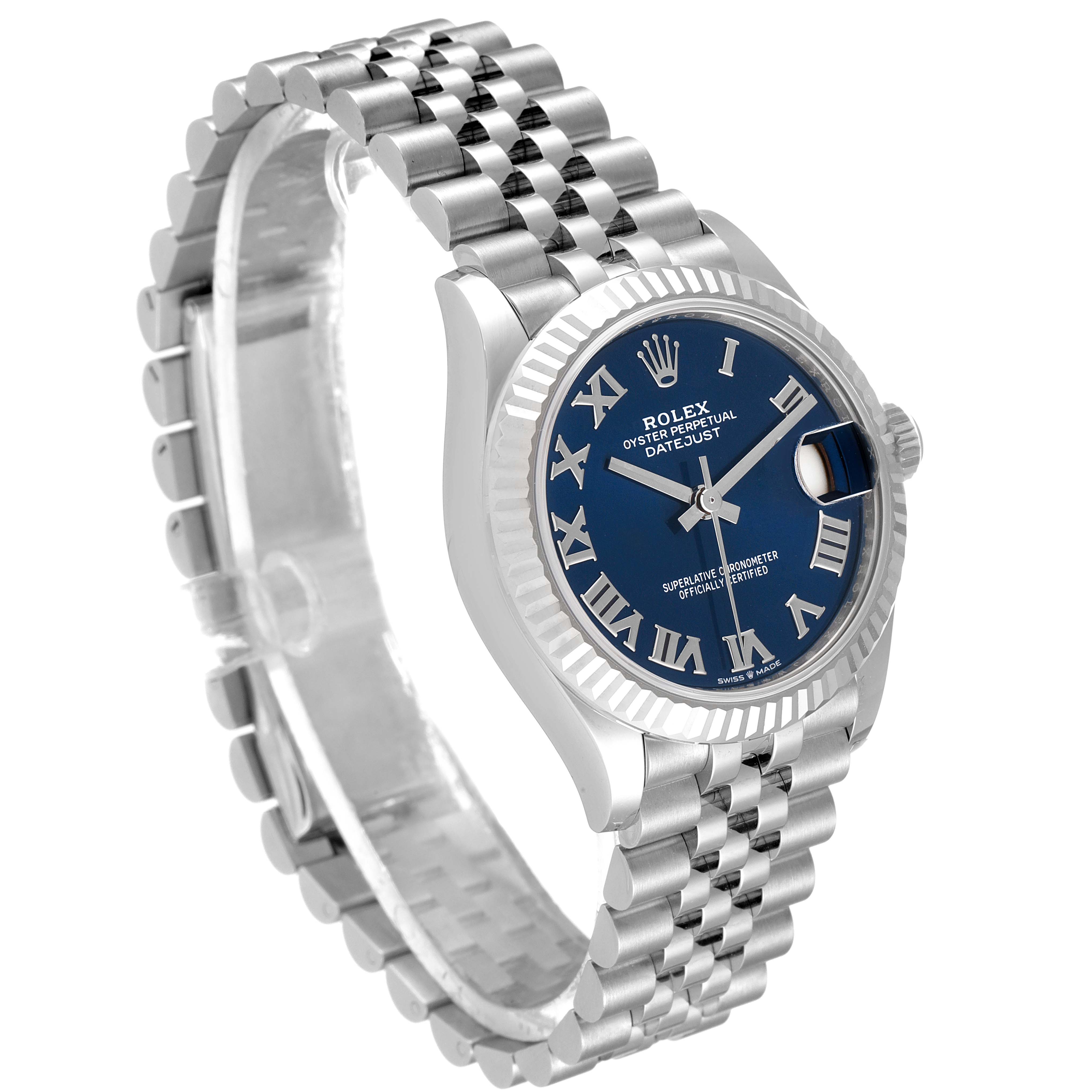 The Rolex Mid-Size 278274 Women's Stainless Steel Blue Dial 278274 Women's Stainless Steel Blue Dial Datejust watch is shown at a three-quarter angle, displaying its blue dial, stainless steel case, and jubilee bracelet.