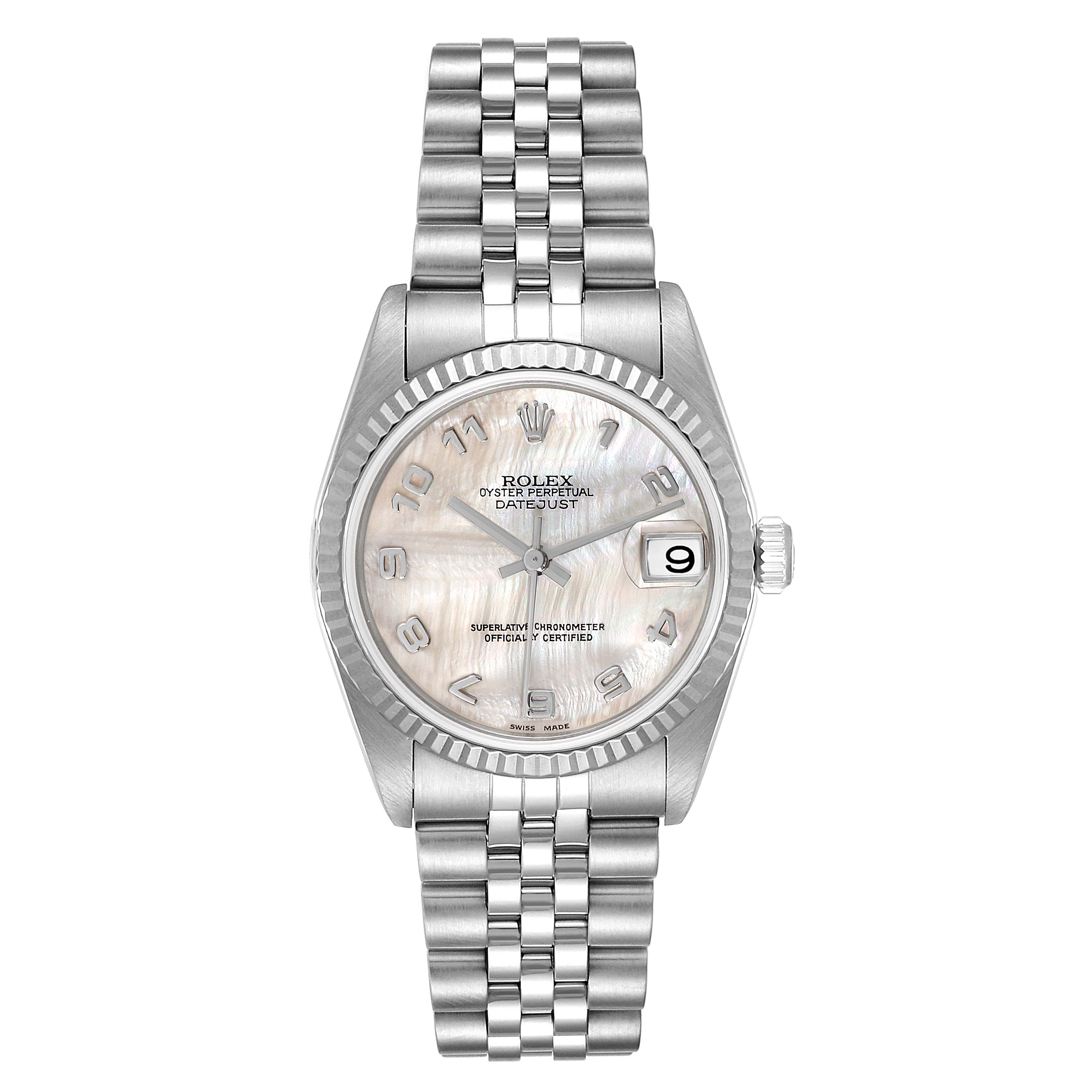The image shows a frontal view of a Rolex Oyster Perpetual Datejust Mid-Size watch with a silver dial and jubilee bracelet.