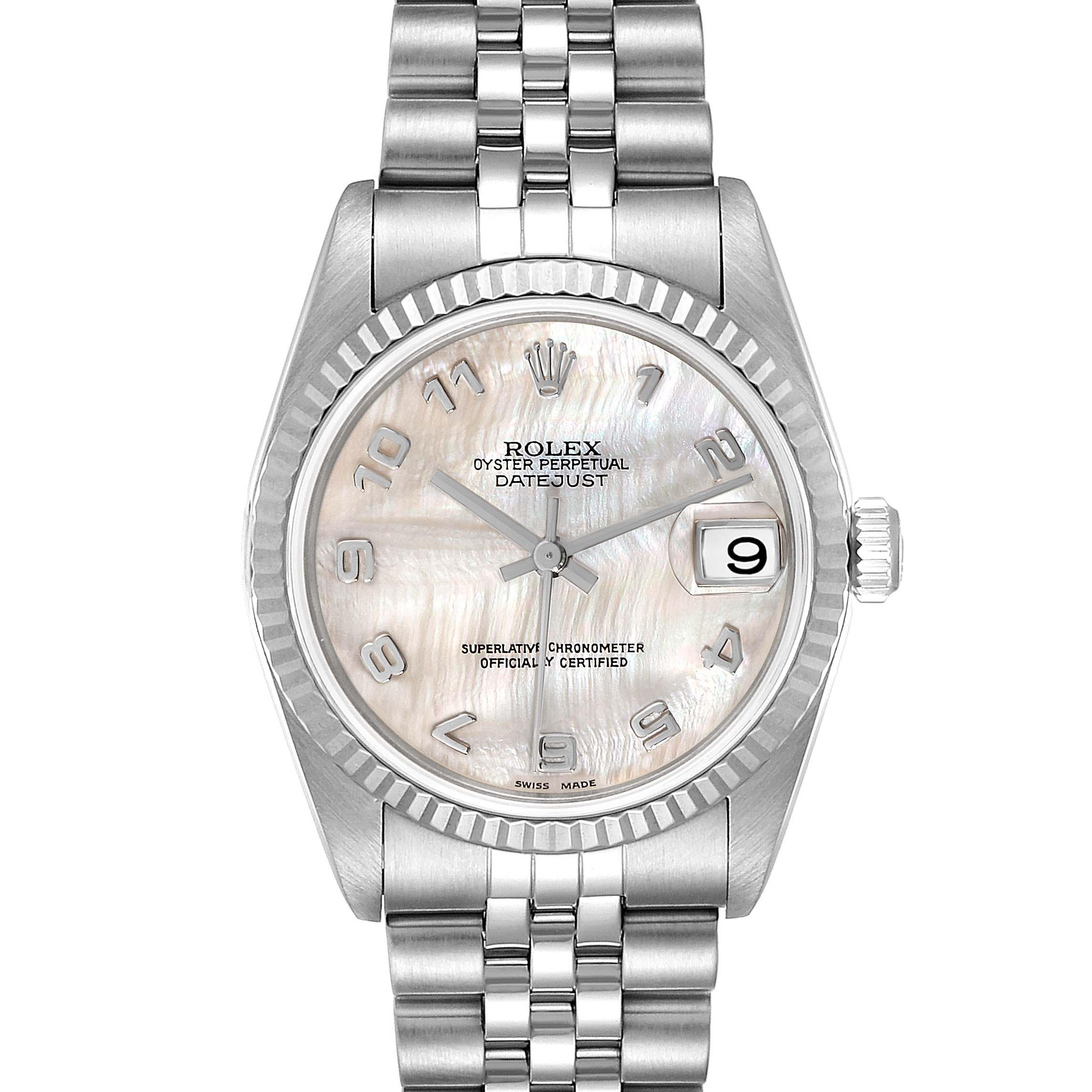 The image shows the Rolex Datejust Mid-Size watch from a top-down angle, highlighting the dial, bezel, case, and bracelet.
