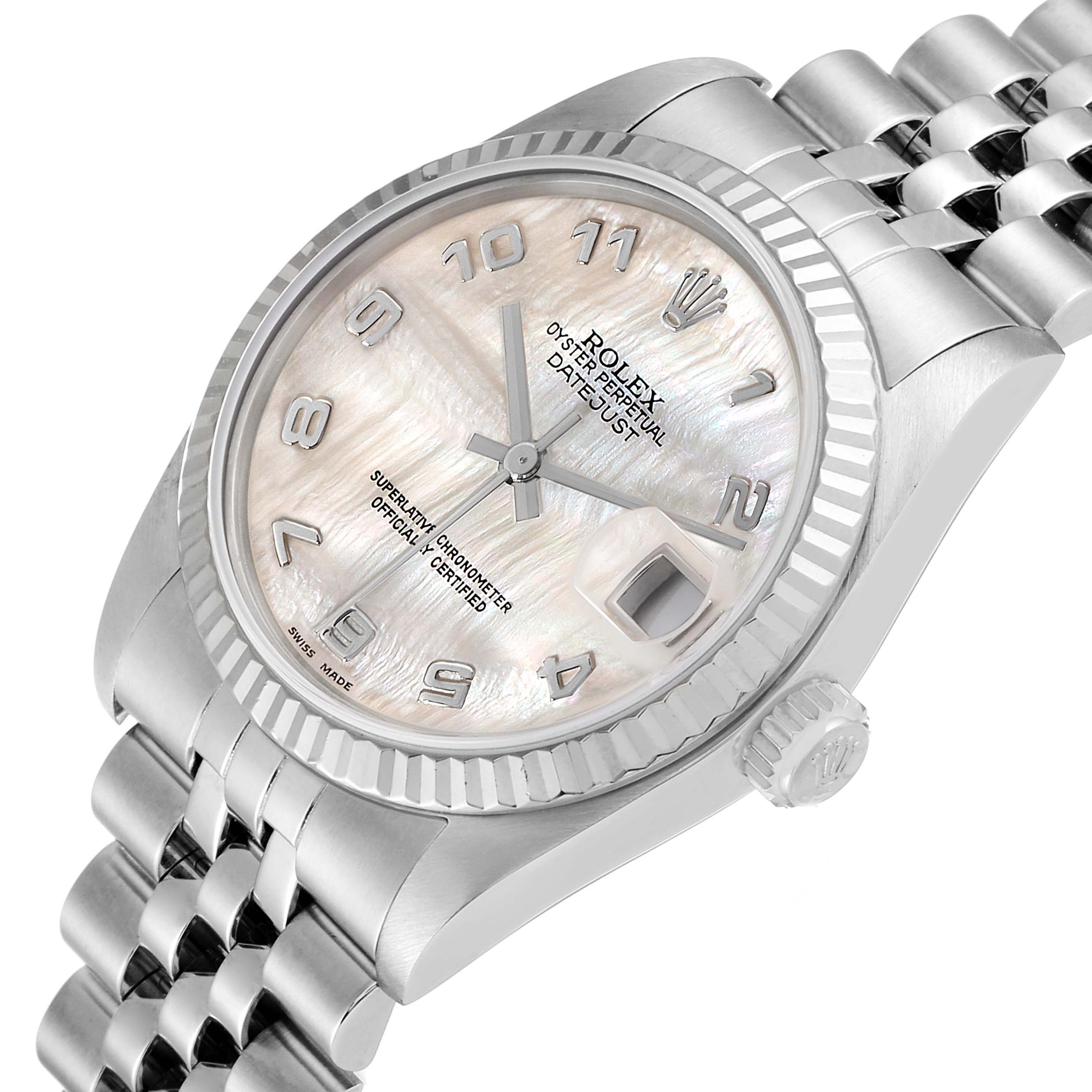 The image shows a Rolex Mid-Size 78274 Women
s Stainless Steel White Dial 78274 Women
s Stainless Steel White Dial Oyster Perpetual Datejust watch at an angle displaying the full face, bezel, crown, and part of the bracelet.