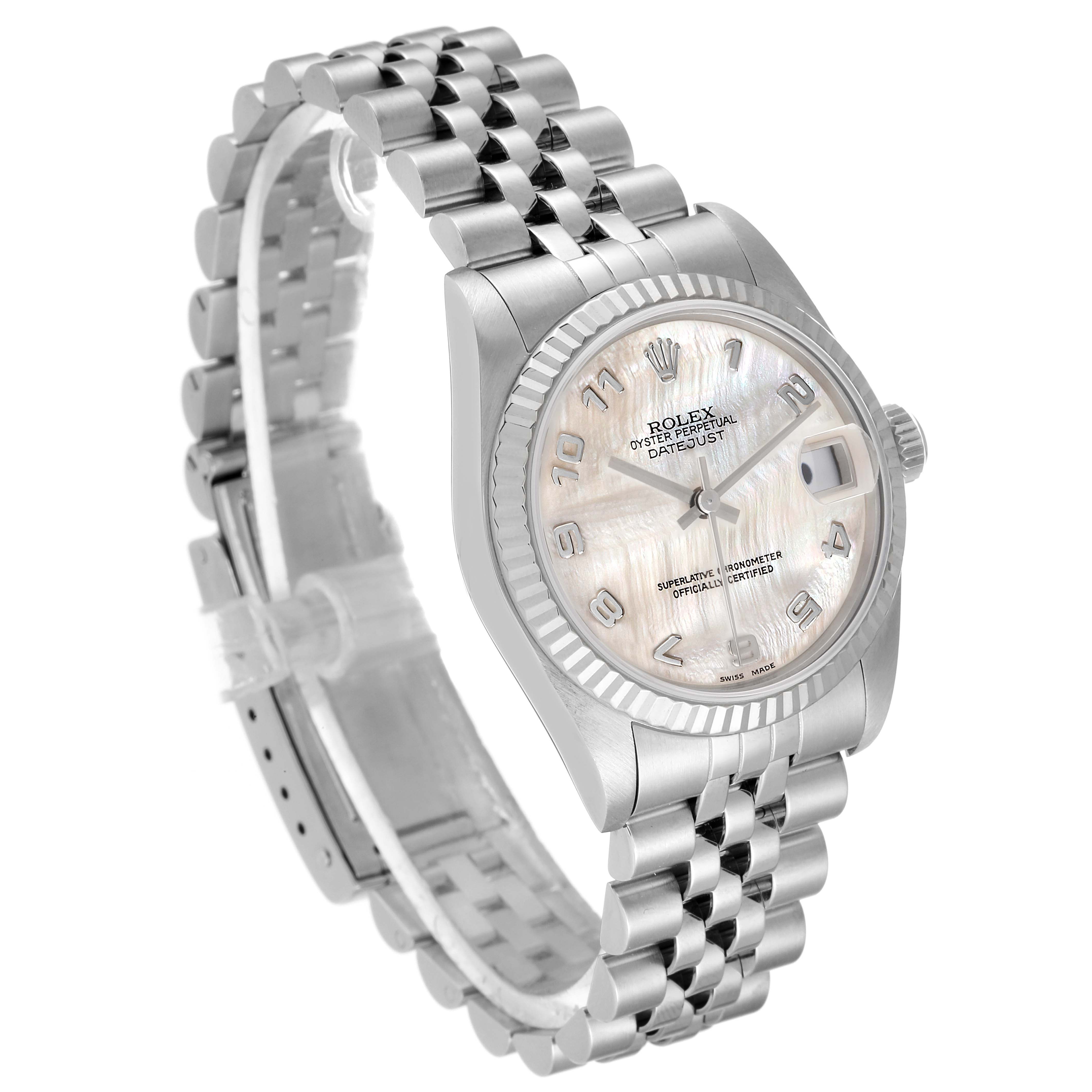 This image shows a side angle view of a Mid-Size Rolex watch, featuring the watch face, bezel, and bracelet.