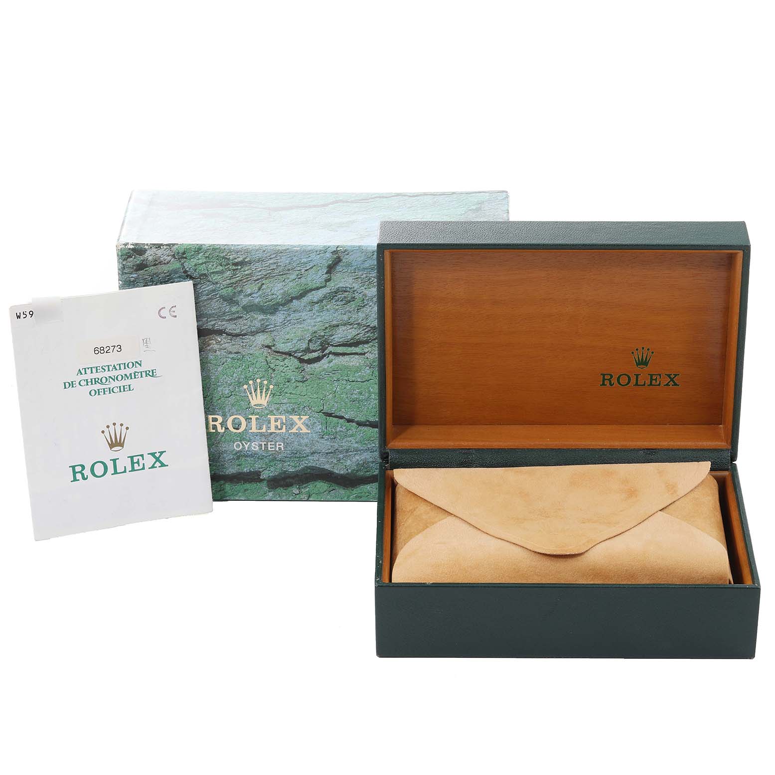 The image shows the packaging and documentation for a Mid-Size Rolex watch, including a box, a suede pouch, and paperwork.